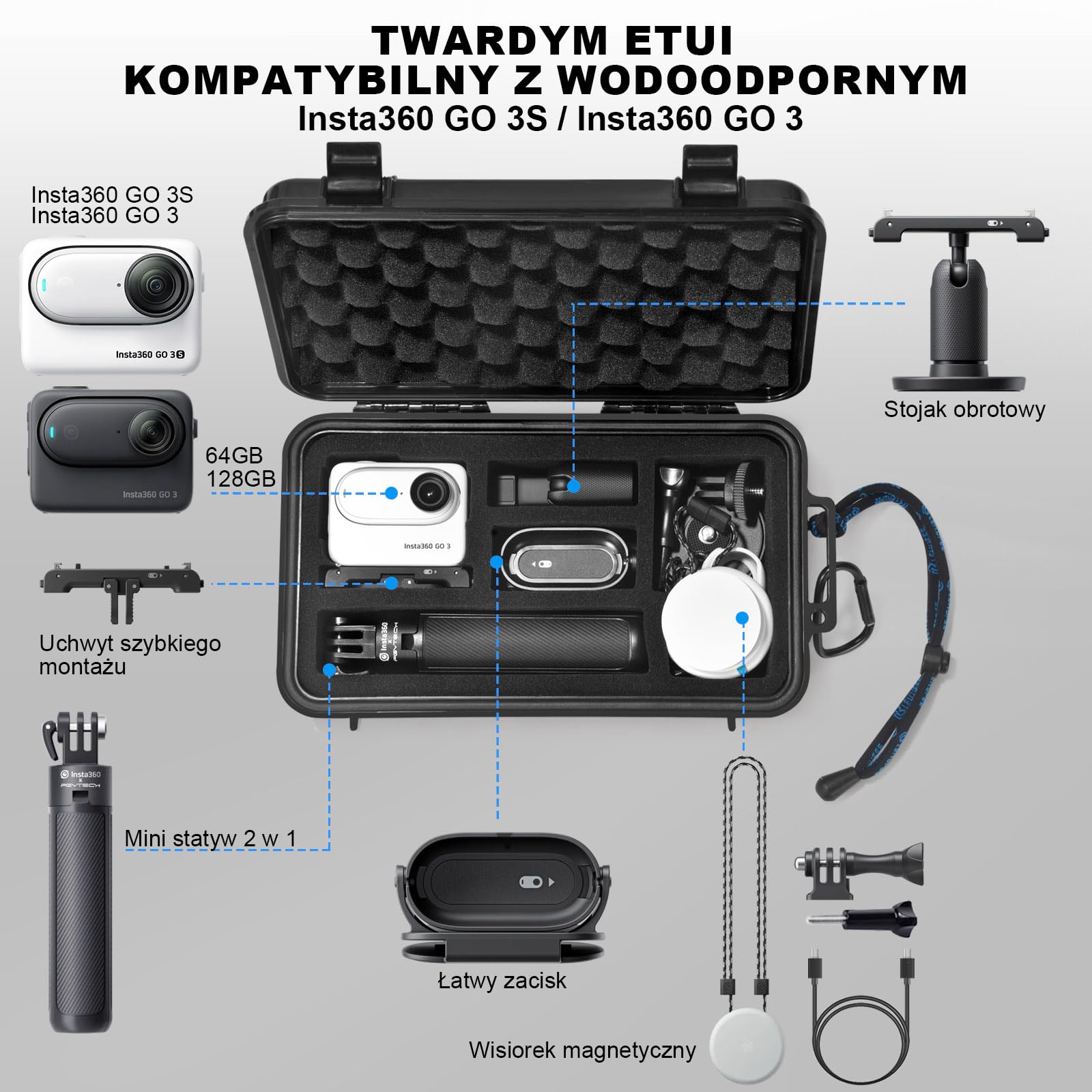 Lekufee podróżna wodoodporna obudowa na kamerę akcji/vlogową Insta360 GO 3S/GO 3 i akcesoria (tylko etui)