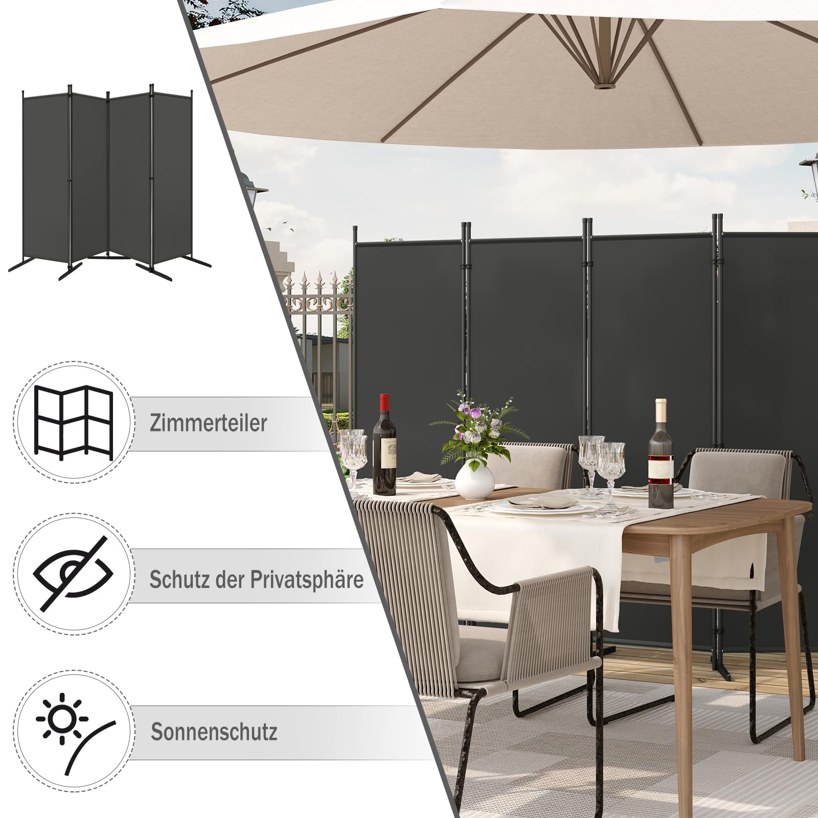 WOLTU Paravent, Raumteiler klappbar freistehend Sichtschutz, Trennwand 4 teilig 223x177 cm, Stellwand für innen Outdoor Garten Balkon Terrasse, Raumtrenner Dunkelgrau