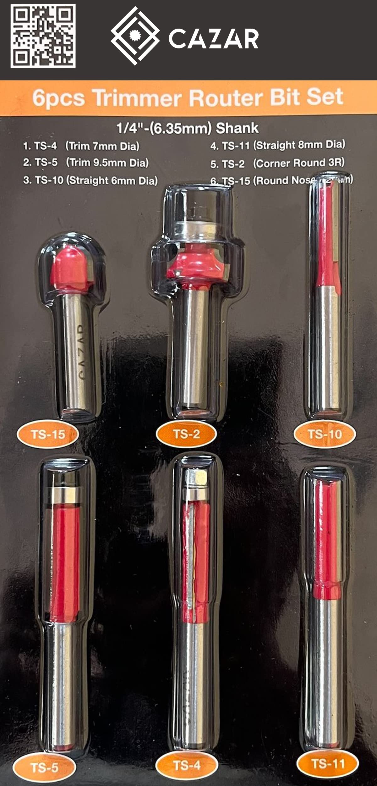 CAZAR CZ-TVS036 Variable 6-Speed Metal Body Wood Trimmer/Router (6-6.35 mm) machine with 6-Pieces Different Shaped 6.35 mm Router Bit Set, 6mm, 6.35mm and 8mm Collets, 3m long cord+Saftey Hand Gloves 3