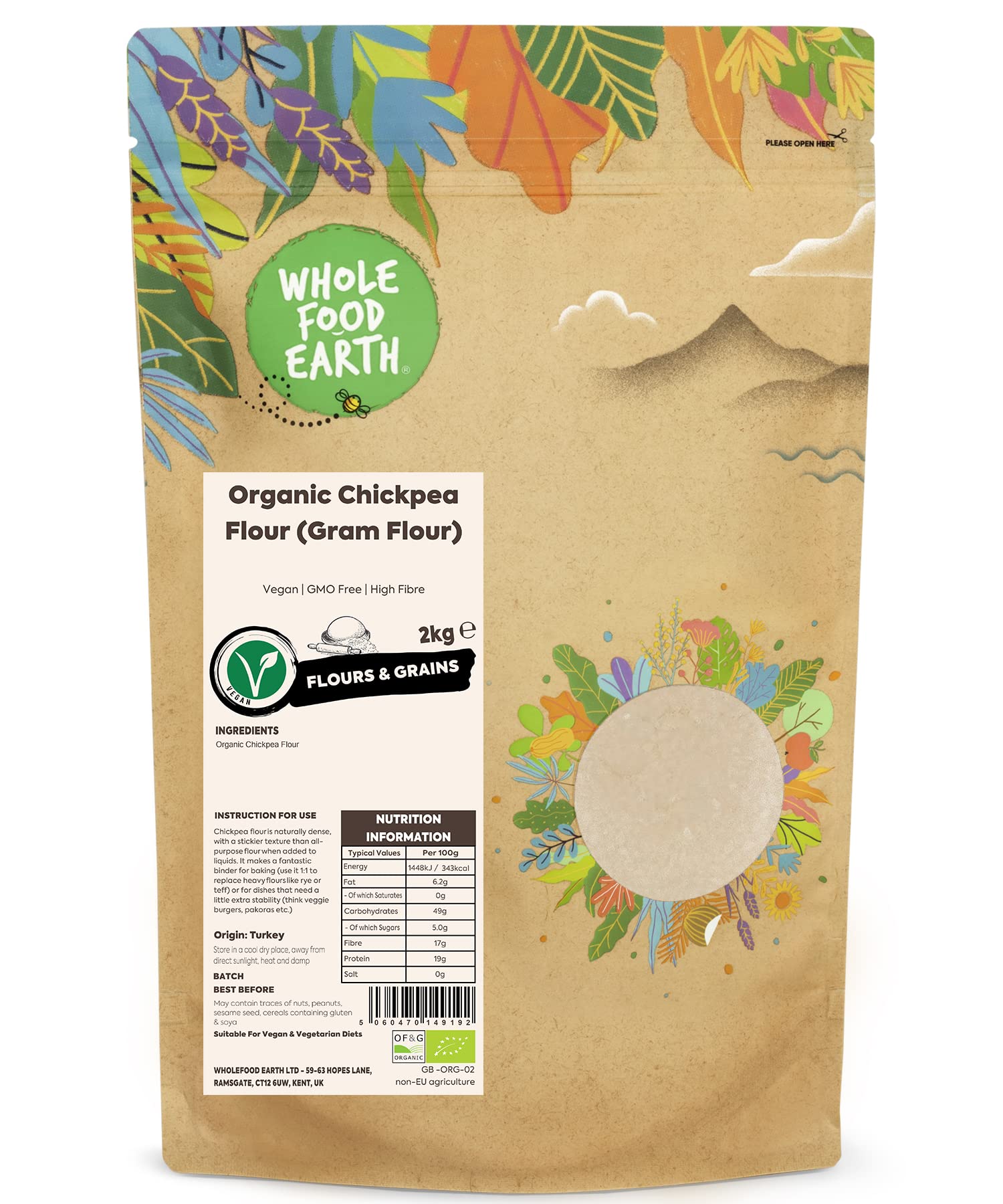 Wholefood Earth - Organic Chickpea Flour (Gram Flour) Baisen 2kg - Vegan - GMO Free