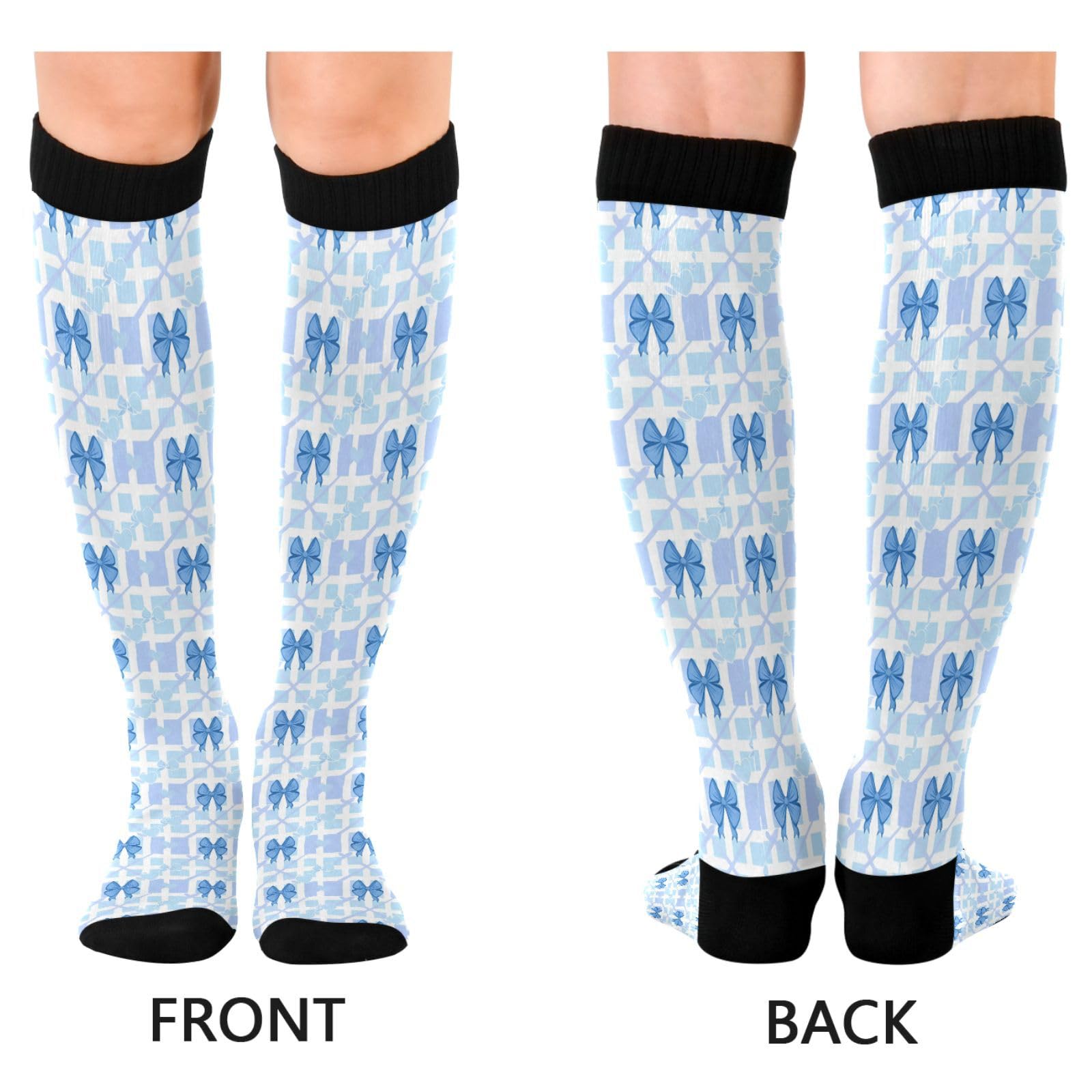 Wassud Compression Socks for Women and Men Blue Bows 20-30 mmHg Knee High Socks for Nurses Travel Stocking 1 Pair