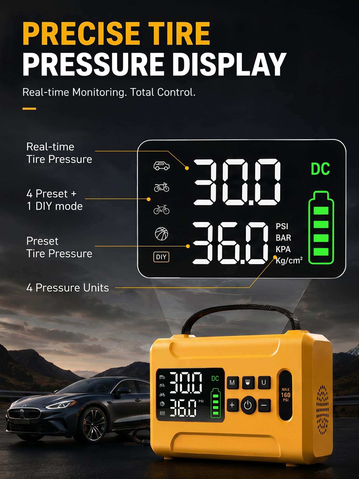Reifenfüller, tragbarer Luftkompressor, 160 PSI Luftpumpe für Autoreifen, 6000 mAh & 12 V Gleichstrom, schnell 24 l/min, digitales Reifendruckmesser, LED-Lichter, 5 Modi, automatische