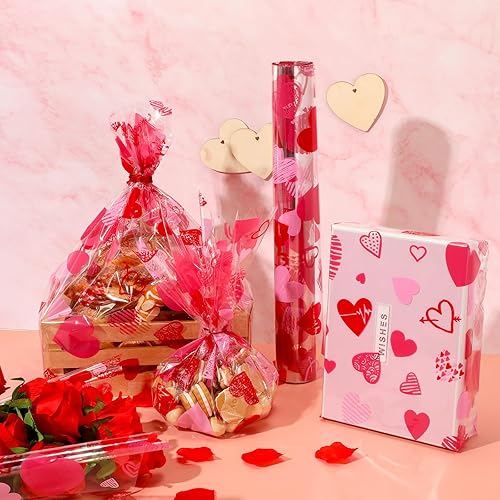 Miniatura 5 de Gueevin Rollo de papel de regalo de celofán para el día de San Valentín, rollo de regalo de corazón, rollo de envoltura de San Valentín, rojo y