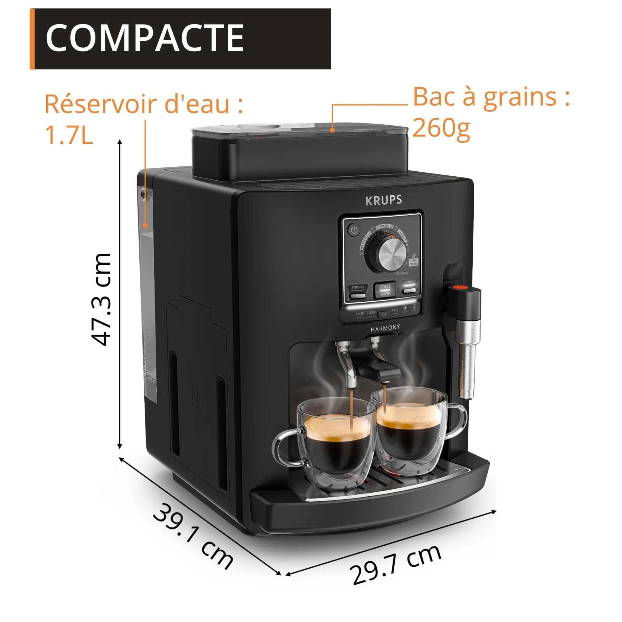 Krups Harmony, Machine espresso entièrement automatique avec buse vapeur, 4 boissons, Mousseur à lait manuel, Noir, EA5088E0