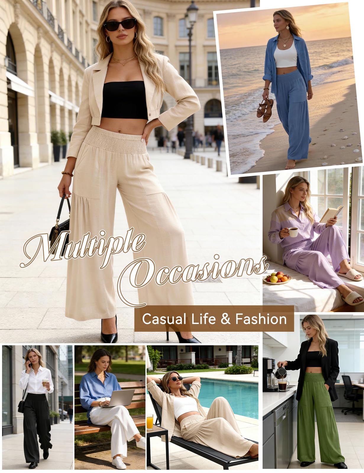 heekpek Pantaloni Lino Donna Estivi Leggeri Eleganti Pantaloni a Gamba Larga con Elastico in Vita Freschi Comodi Vita Alta Pantalone Largo con Tasche