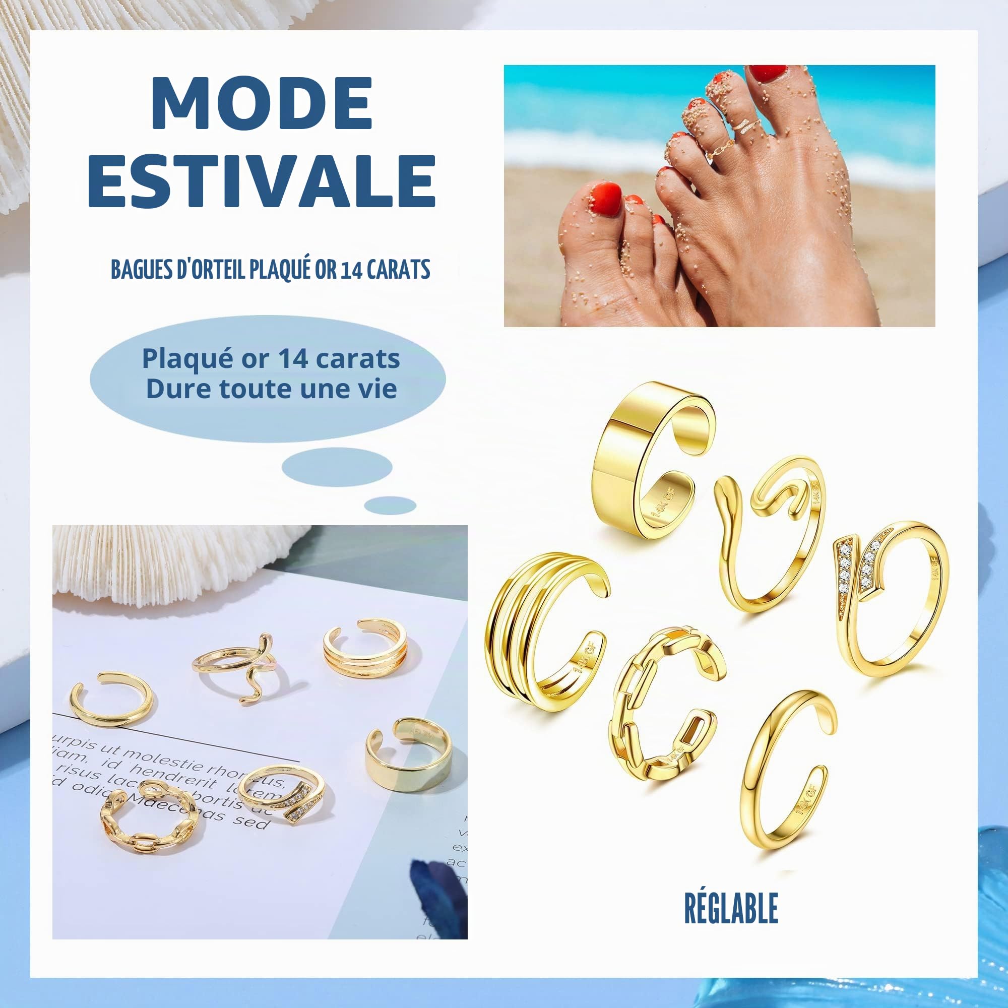 FIOROYAL 6 Pièces Bagues d'orteil en Or Rempli 14 Carats Bague de Pied Réglables pour Femme Filles Bagues Orteil Ouverte de Fleur Bague Cœur Bague Femme Or Bijoux de Pieds de Plage d'été