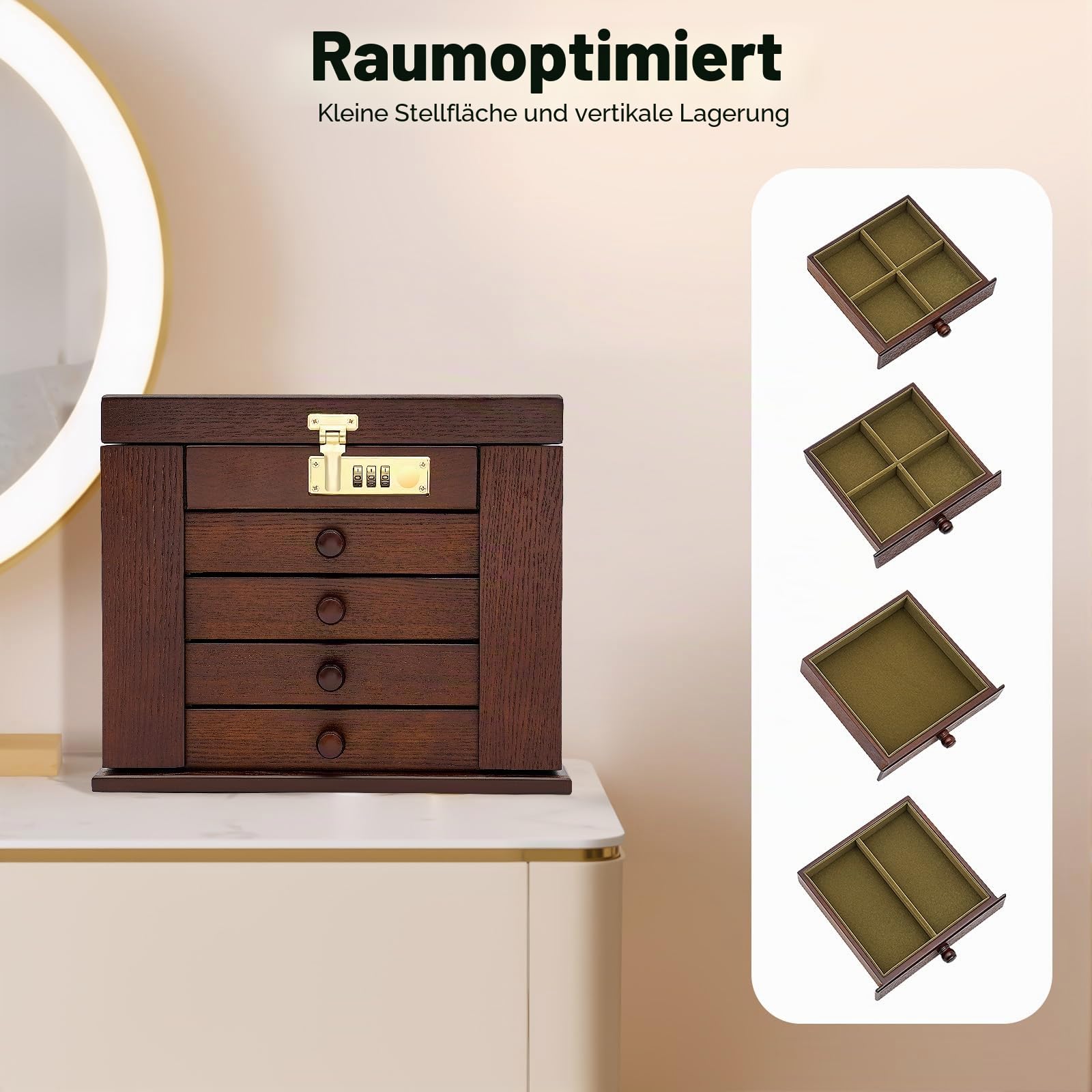 Schmuckkästchen Holz mit Spiegel, Schmuckaufbewahrung mit Schloss, 5 Ebenen