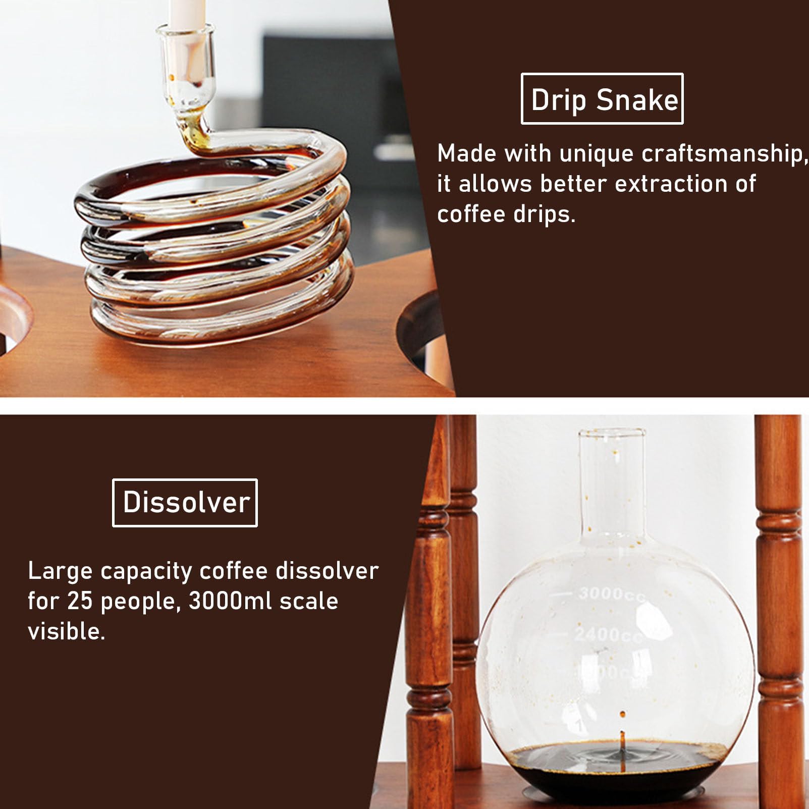 Macchina per caffè Freddo Cold Brew Dripper Pot Cold-Dripper Coffee Tower Macchina per caffè Freddo in Legno Vetro 3000 ml Marrone