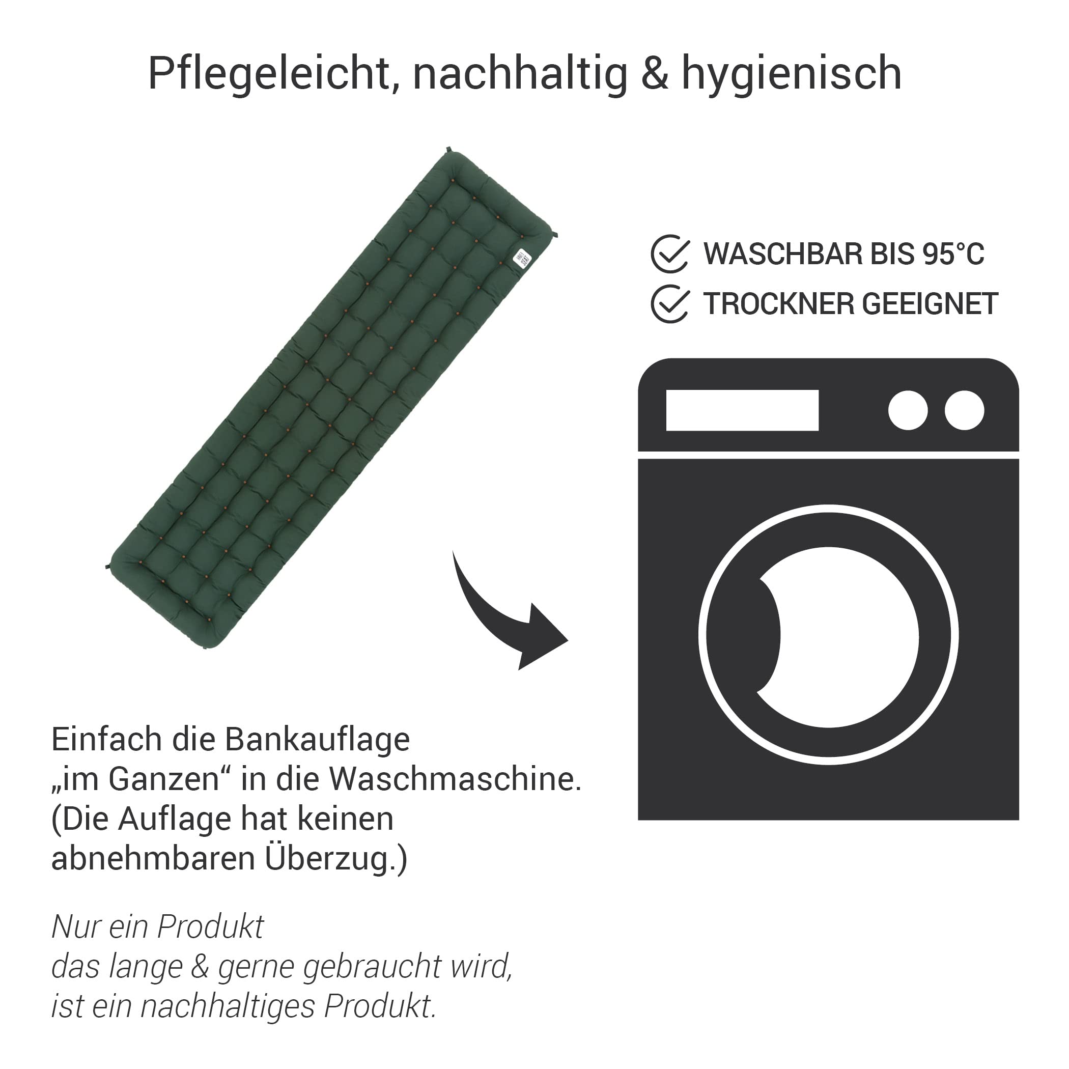 Poduszka na ławkę, wygodna poduszka do siedzenia – ortopedyczna nakładka na siedzisko, nadaje się do prania w temperaturze do 95°C, wyprodukowano w Niemczech (zielony mech, 160 x 40 cm)