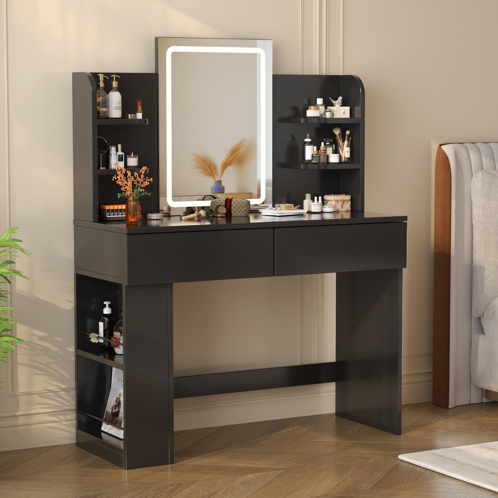 Devoko Dressing Table with LED Mirror,3 Light Colors,Adjustable Brightness,Vanity Table,108 x 40 x 136cm,Makeup Desk with 2 Drawers and 4 Storage Shelves,Modern Black