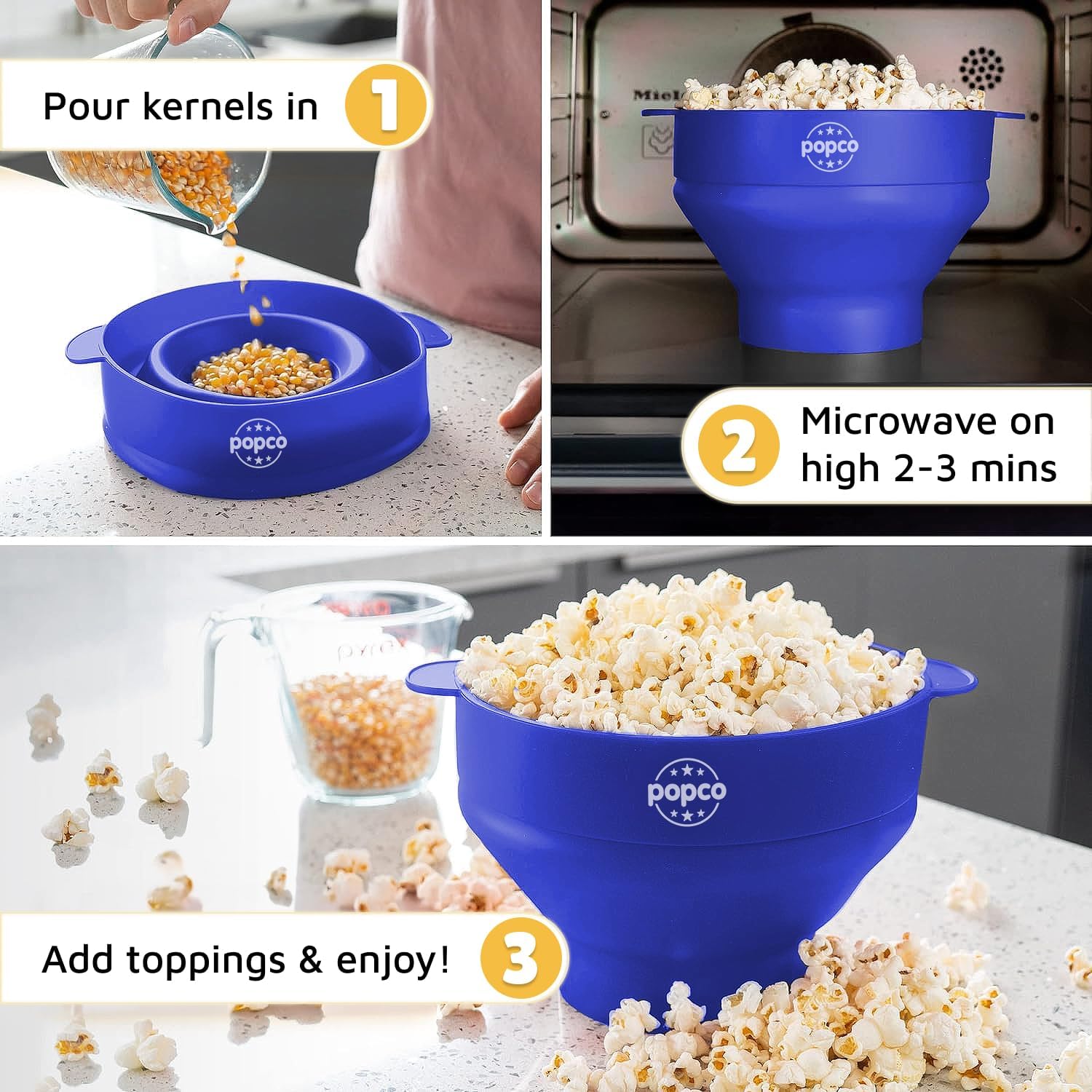 POPCO Silicone Microwave Popcorn Popper with Handles - Popcorn Maker - Pop Corn Microwave Popper - Collapsible Bowl - Dishwasher Safe - 15 Colors Available (Blue) (Pack of 2)