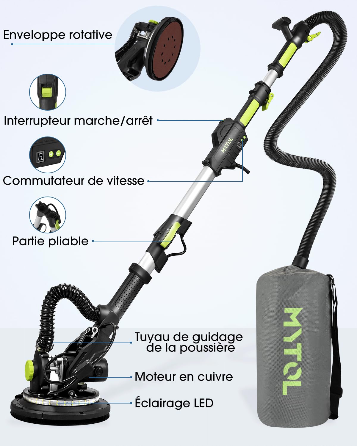 MYTOL Ponceuse Girafe Aspirante, 900W Électrique Girafe Ponceuse avec Aspirateur Poignée Pliable Extensible, 6 Vitesses, Vitesse Maximale 1800U/min, Éclairage LED, 12 Papiers Abrasifs