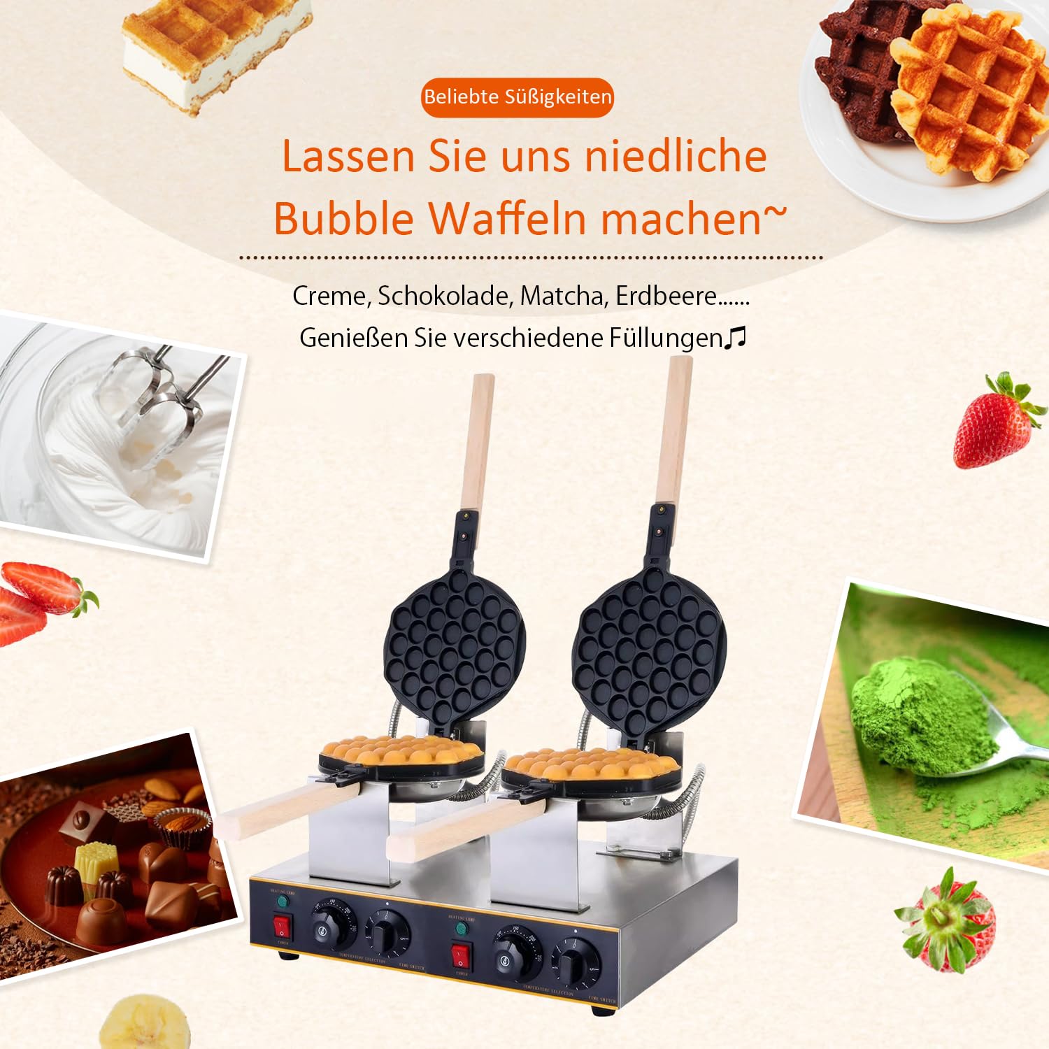 Kurflo kommerzielles Bubble Waffeleisen mit Doppelkopf, 180° drehbar, 1400W, Waffelplatten, Waffel Maker, mit Antihaftbeschichtung & Timer, für Cafe/Dessert-Shop/Restaurant, 50-250 °C