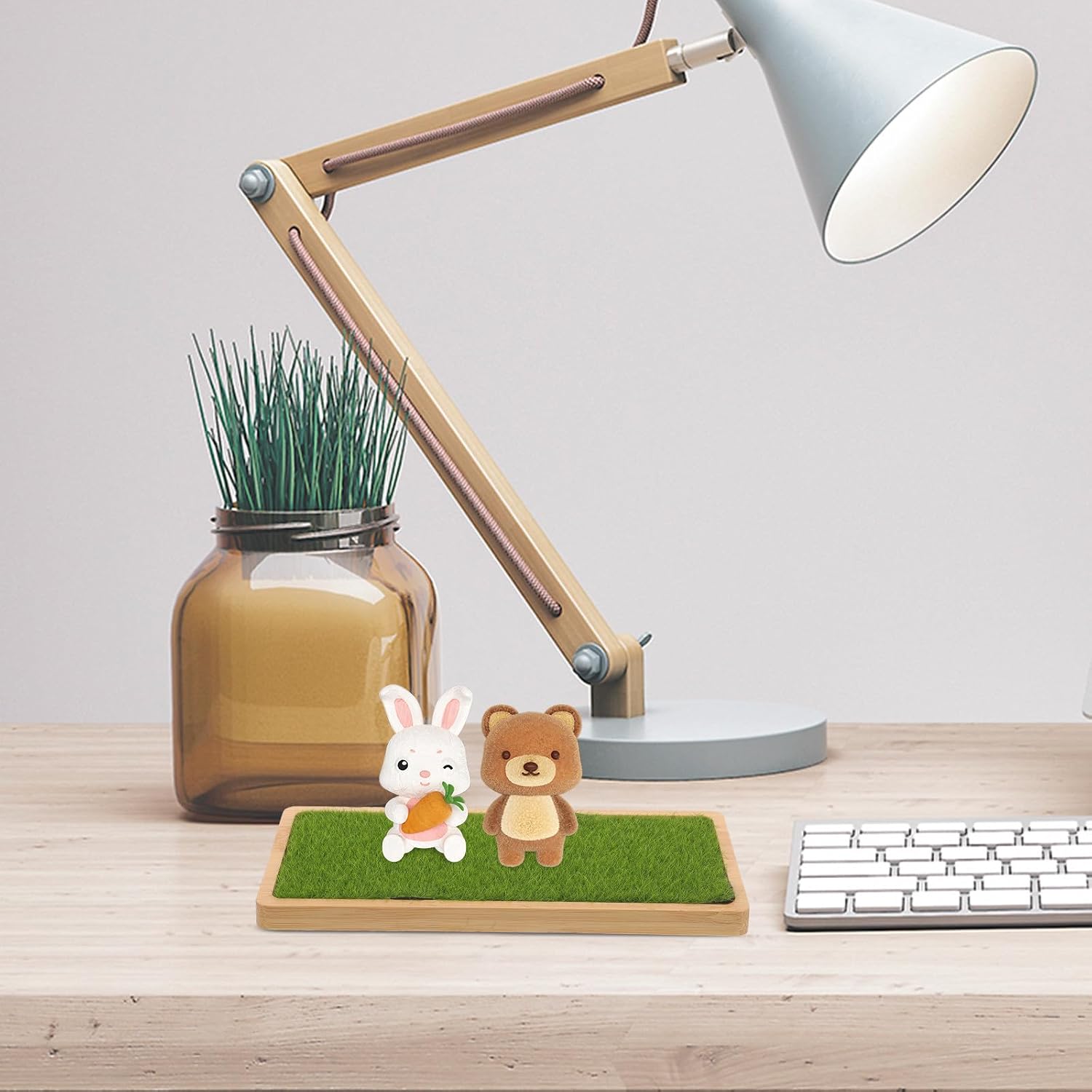 Hemoton Rectangular Figurine Display Stand with Fake Grass Mat Bamboo image 5