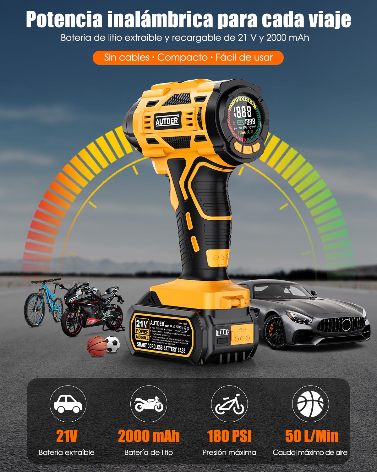 AUTDER Inflador de Neumáticos Portátil 180 PSI, Compresor de Aire Inalámbrico con Batería Extraíble de 21V y Cable de Alimentación para Coche 12V, Apagado Automático, Pantalla LCD, Luz LED para Coche
