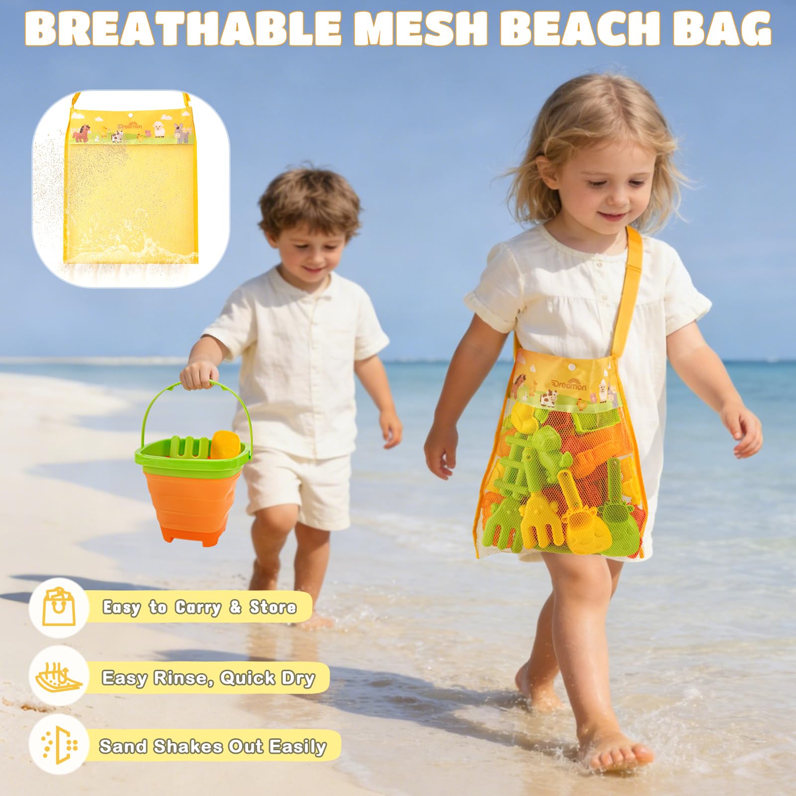 Jouets de Plage Enfants Thème Ferme 29PCS, Jouets de Sable avec 2 Seaux de Plage Pliables, Moules Animaux et Château, Seau Pelle Plage Enfant avec Outils et Sac, Jouet Bac à Sable Enfant 3 Ans+