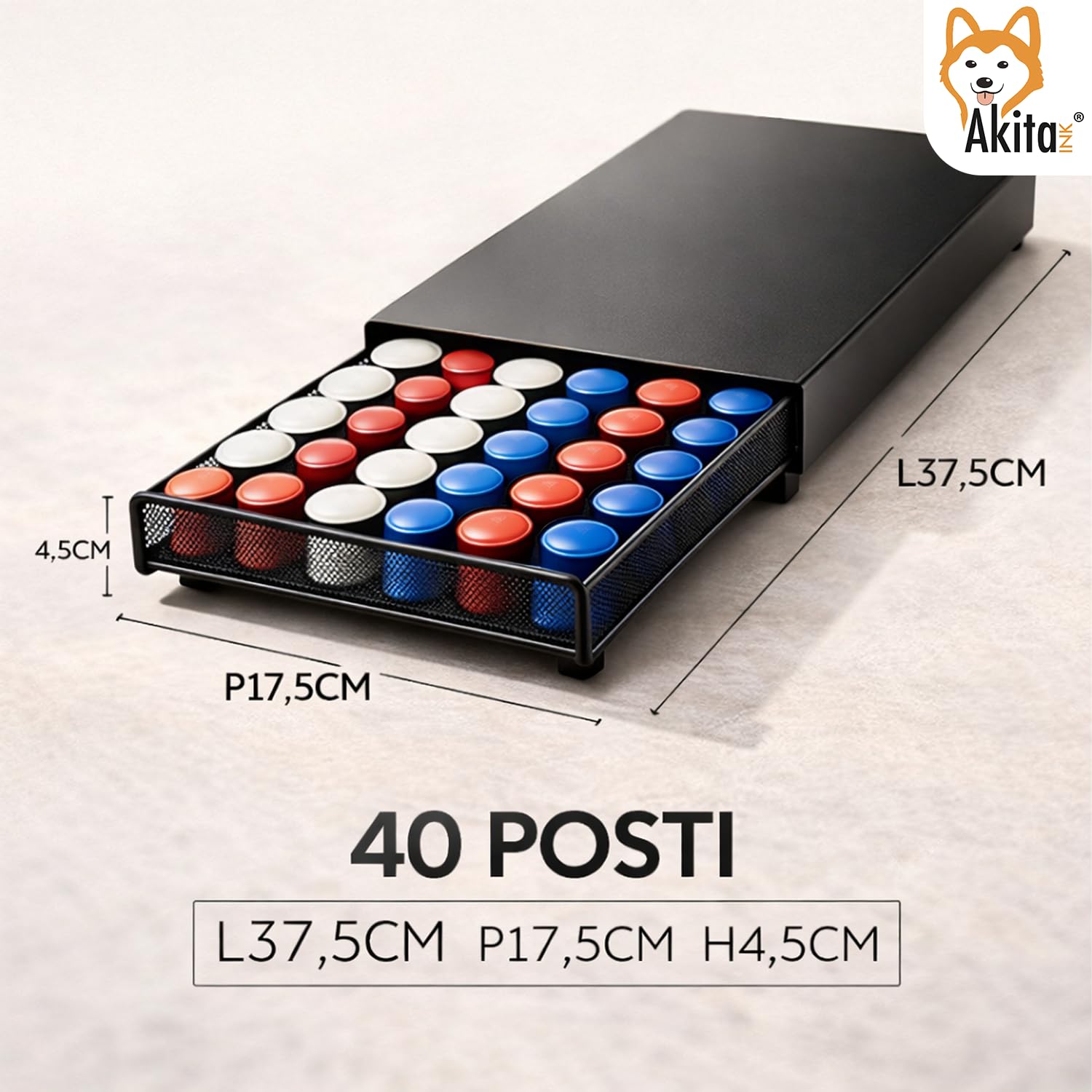 AKITAInk Portacapsule Caffè in Metallo con Cassetto, Organizer 40 Capsule Salvaspazio, Supporto Macchina Caffè, 37,5x17,5x4,5 cm, Nero
