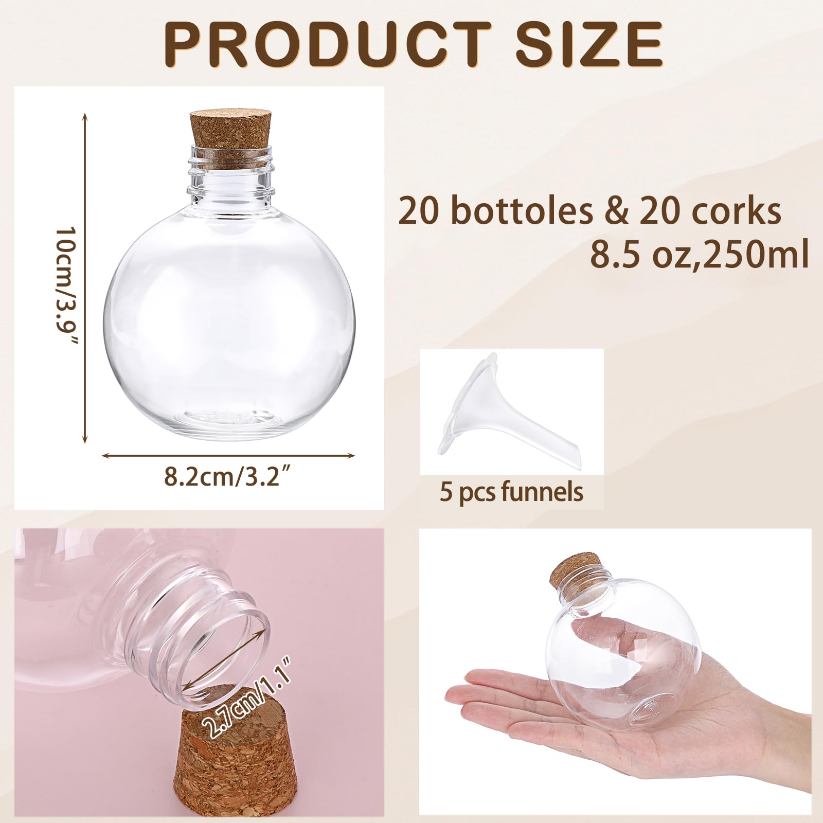 AVELLIM Mini bottiglie in vetro da 20 ml con tappo in sughero, 4,1 x 3,6 cm, piccole fiale rotonde per artigianato, spezie, bomboniere, progetti fai da te, decorazioni per matrimoni (set da