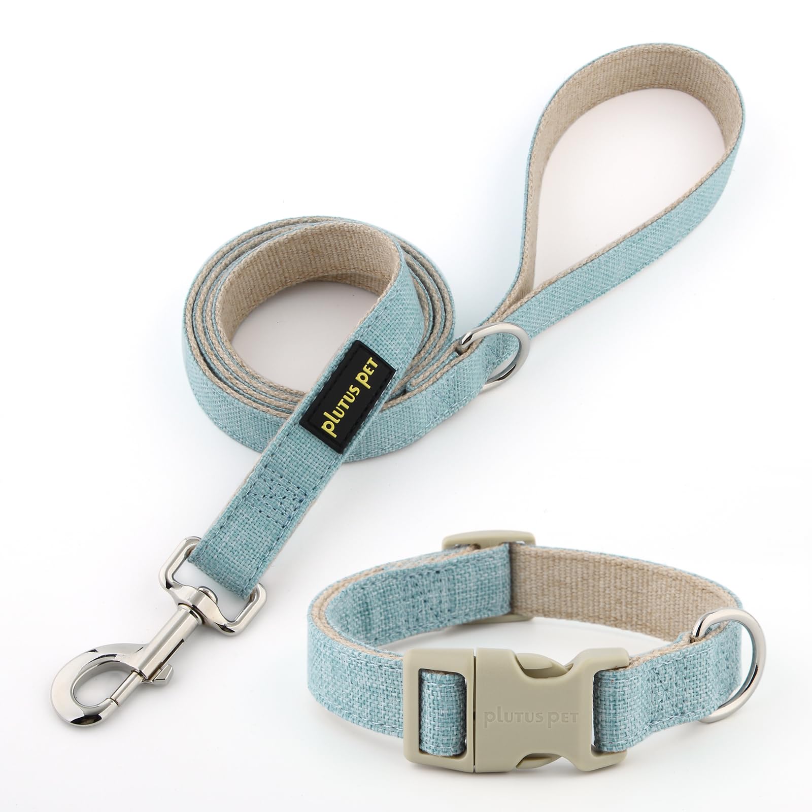 Plutus Pet Cotton Hemp Dog Collar and Leash Set, Adjustable Collar for Small, Medium, and Large Dogs, Heavy Duty and Soft on Skin, Light Blue, XL