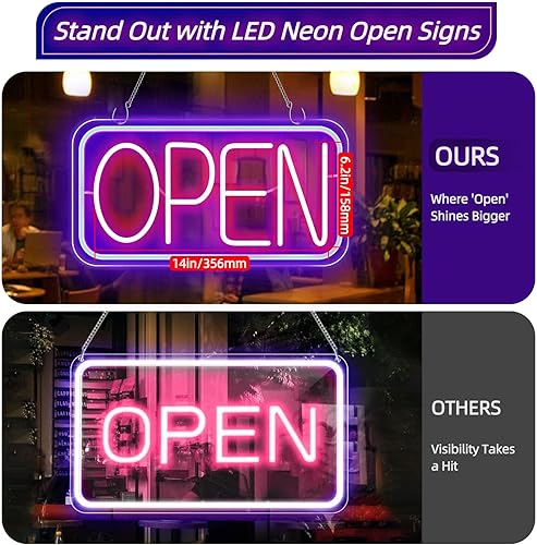 Miniatura 7 de GELBEKUH Letrero LED de neón abierto para negocios, 16.7 x 9.2 pulgadas, ultra brillante, con interruptor de encendidoapagado, luces de neón de