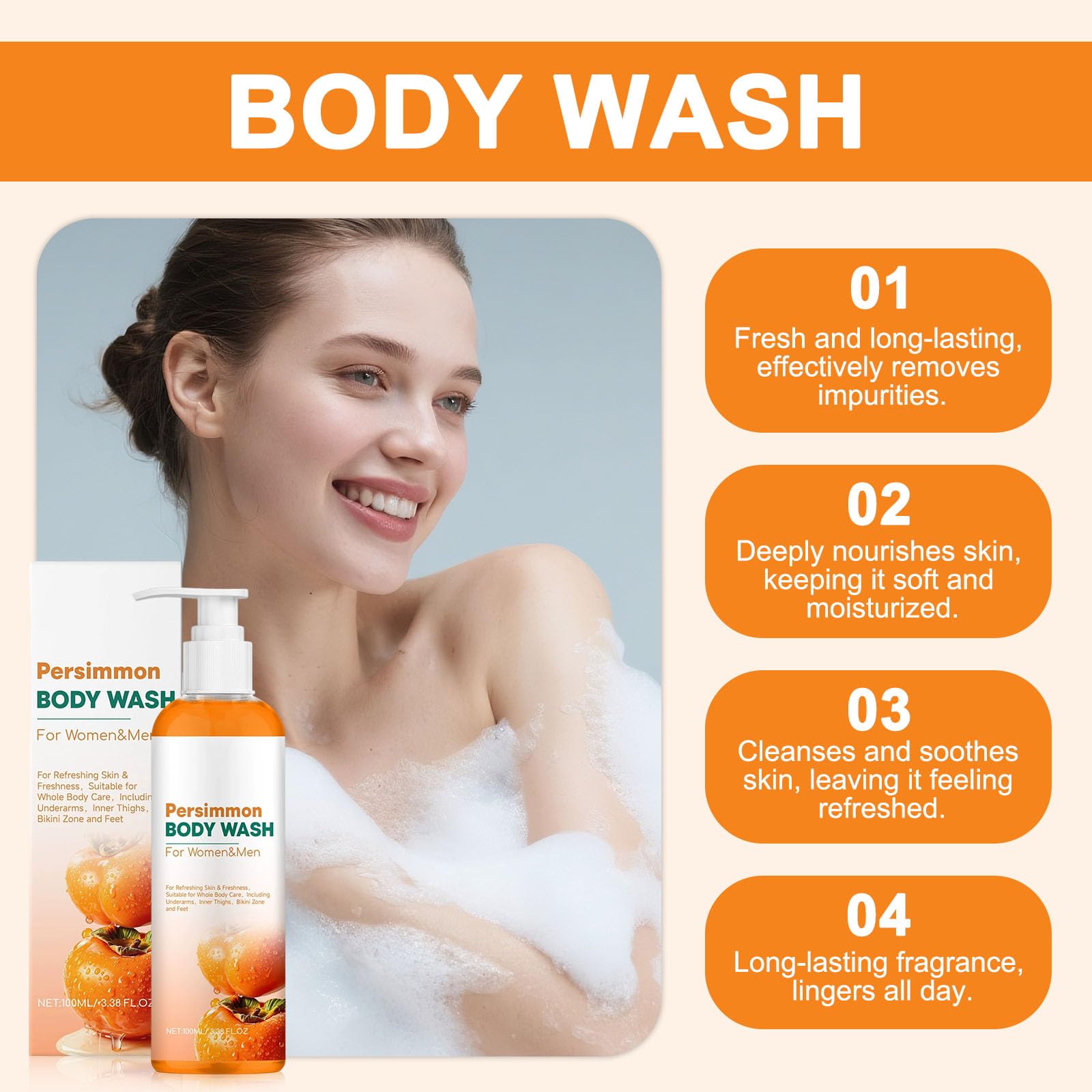 Set di sapone cachi e gel doccia Persimmon da 100 ml con sapone Persimmon, rete in schiuma per viso e corpo, pulizia profonda e idratante, per uomo e donna