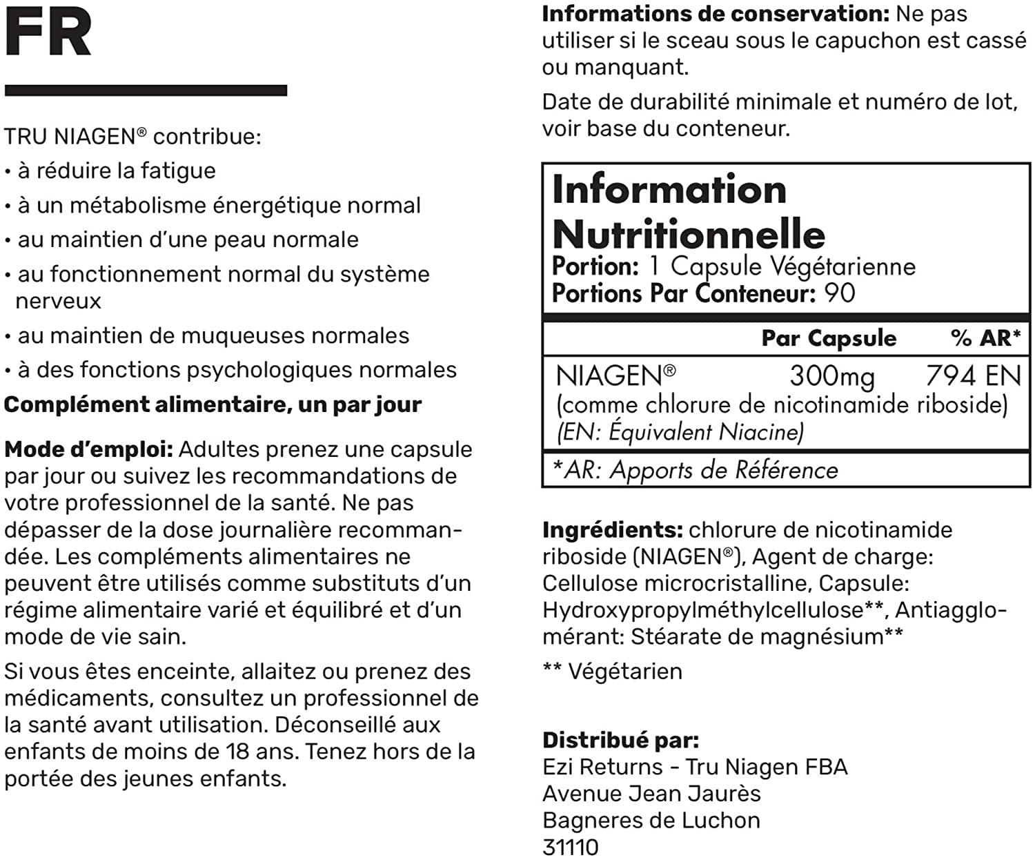 TRU NIAGEN Suppléments de NAD+ pour réduire l'épuisement et la fatigue, formule brevetée nicotinamide riboside NR (90 portions (1 x 90))