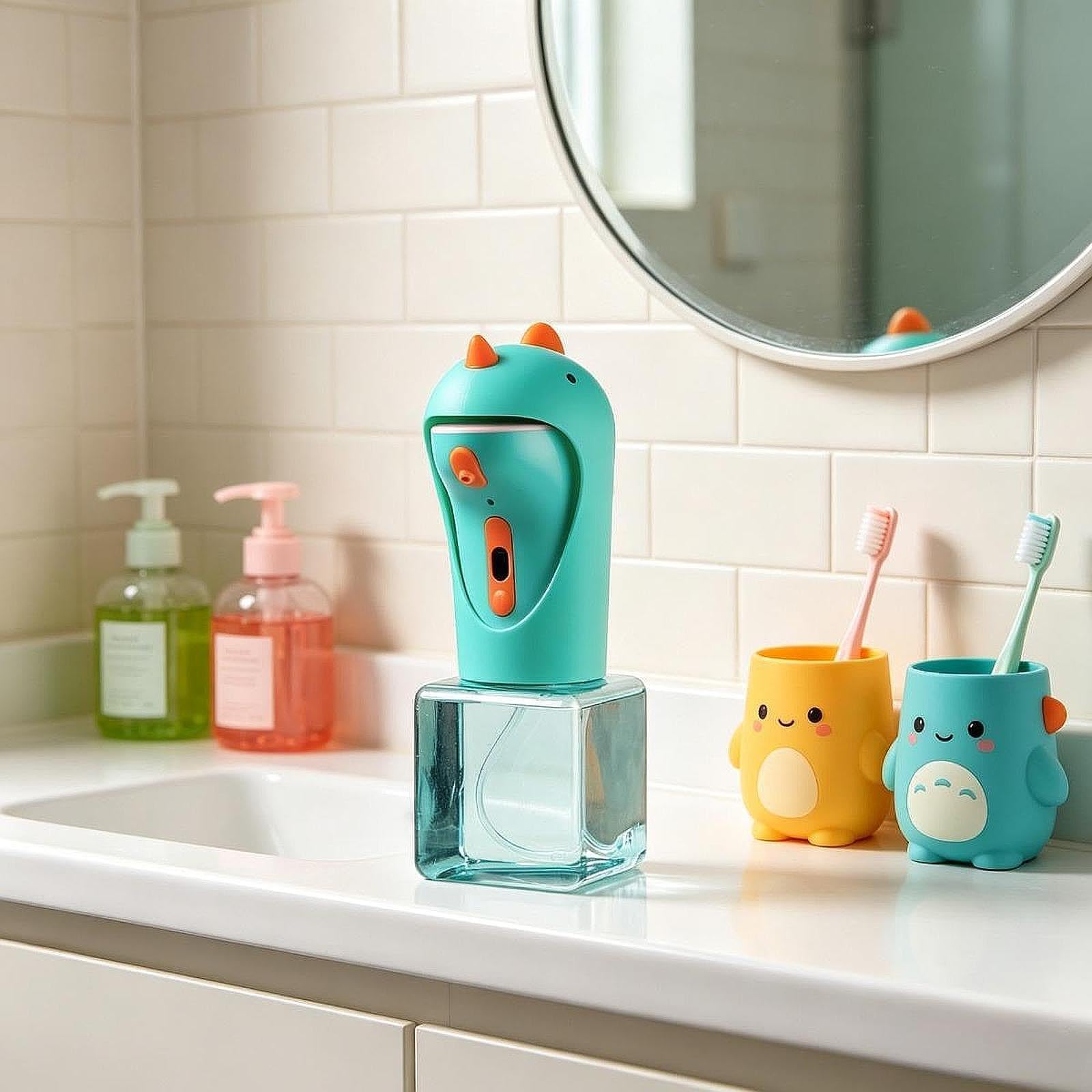 Dispenser Sapone Automatico Schiumogeno Bambini Dino Cartone Animato Finestra Visiva Sensore Igienico Adatto per Bagno Cucina Regalo Bambino, Verde