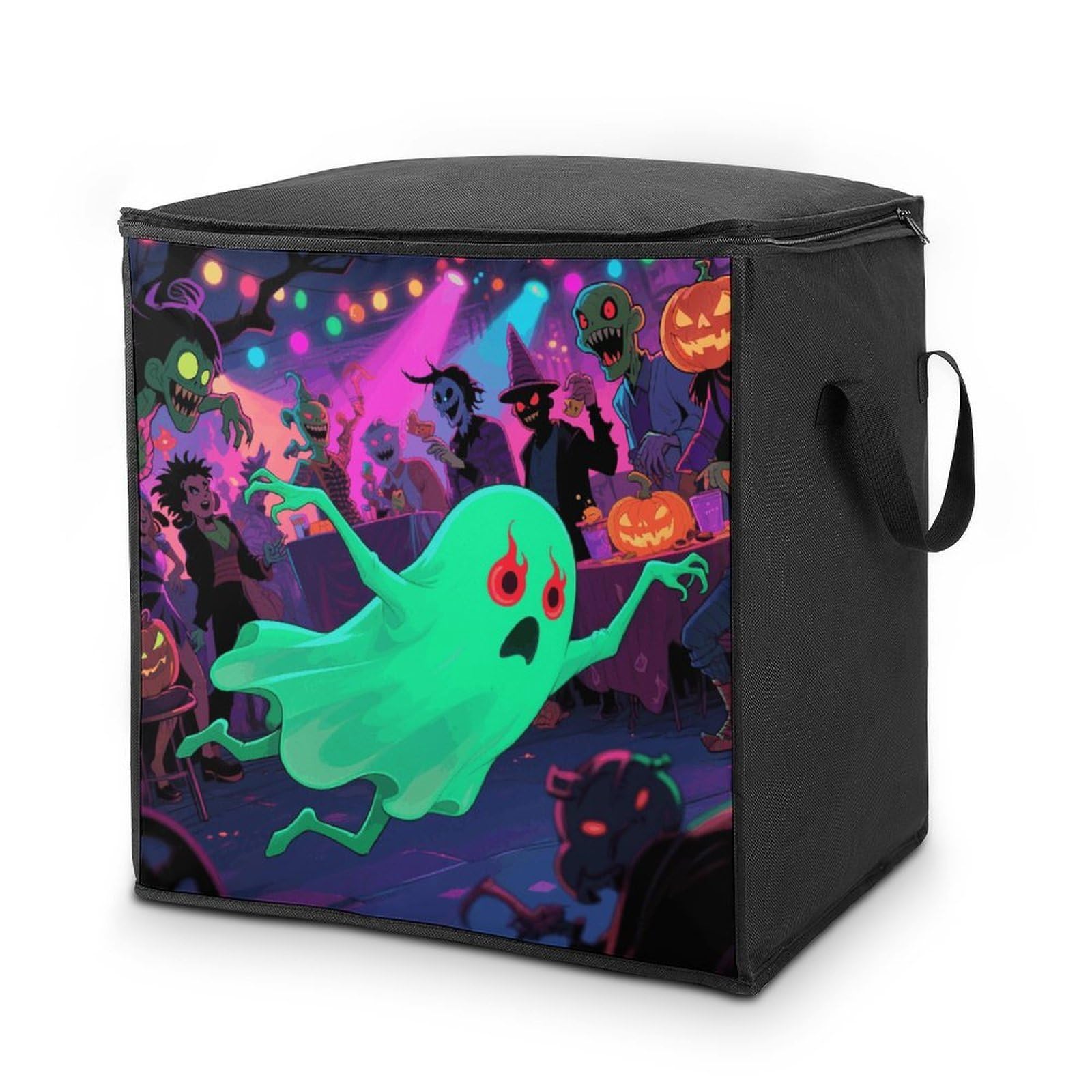 Halloween Ghost Large Storage Bags with Zippered Storage Organizers Bag Clothes Storages Bins with Lids Foldable Storages Containers with Reinforced Handles for Blanket Bedding