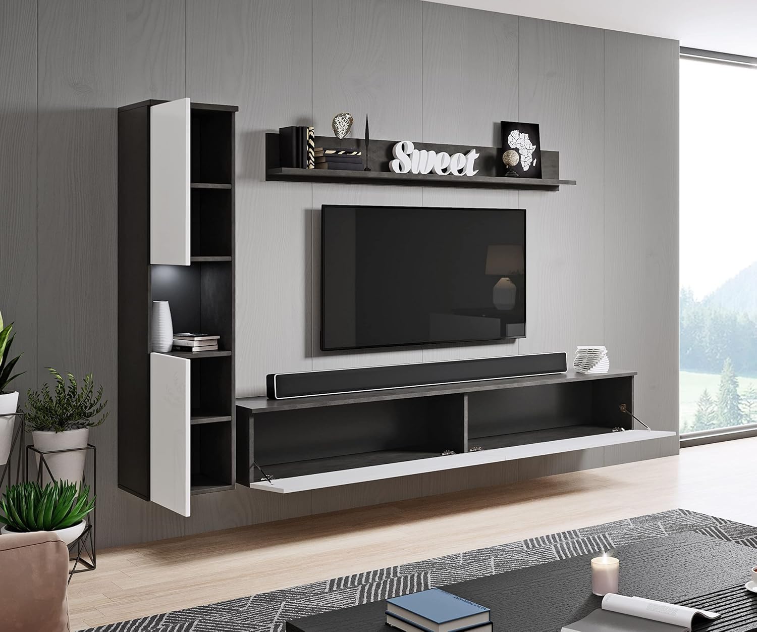 MINIO go for it - Wohnwand Parma 3-Teilig Set Hängend oder Stehend LED | Highboard, Lowboard, Wandboard, Laminierte Spannplatte, Farbe: Graphit Matera / Weiß Hochglanz