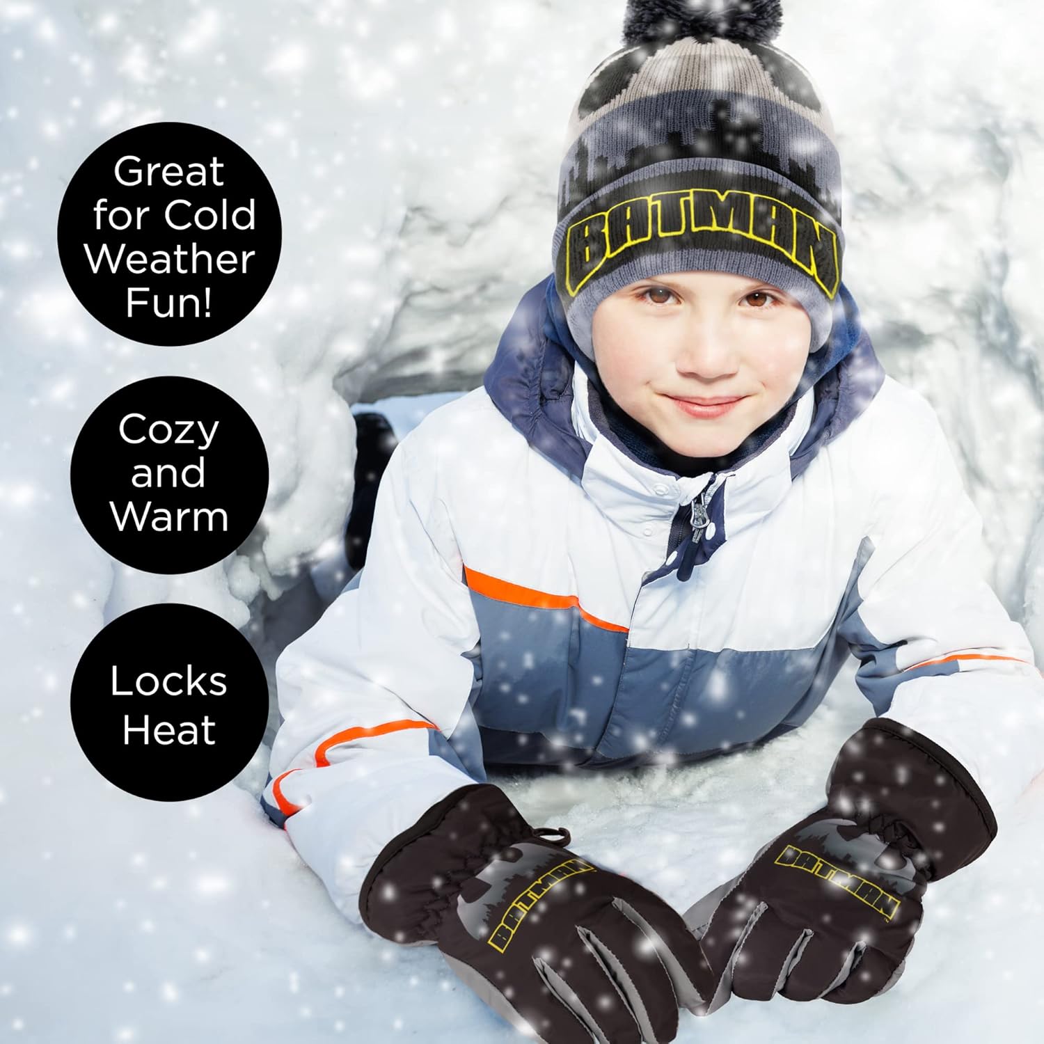 DC Comics Boys Winter Hat with Knit Insulated Ski Glove, Batman 3-Piece Set, Ages 4-7 - Image 8