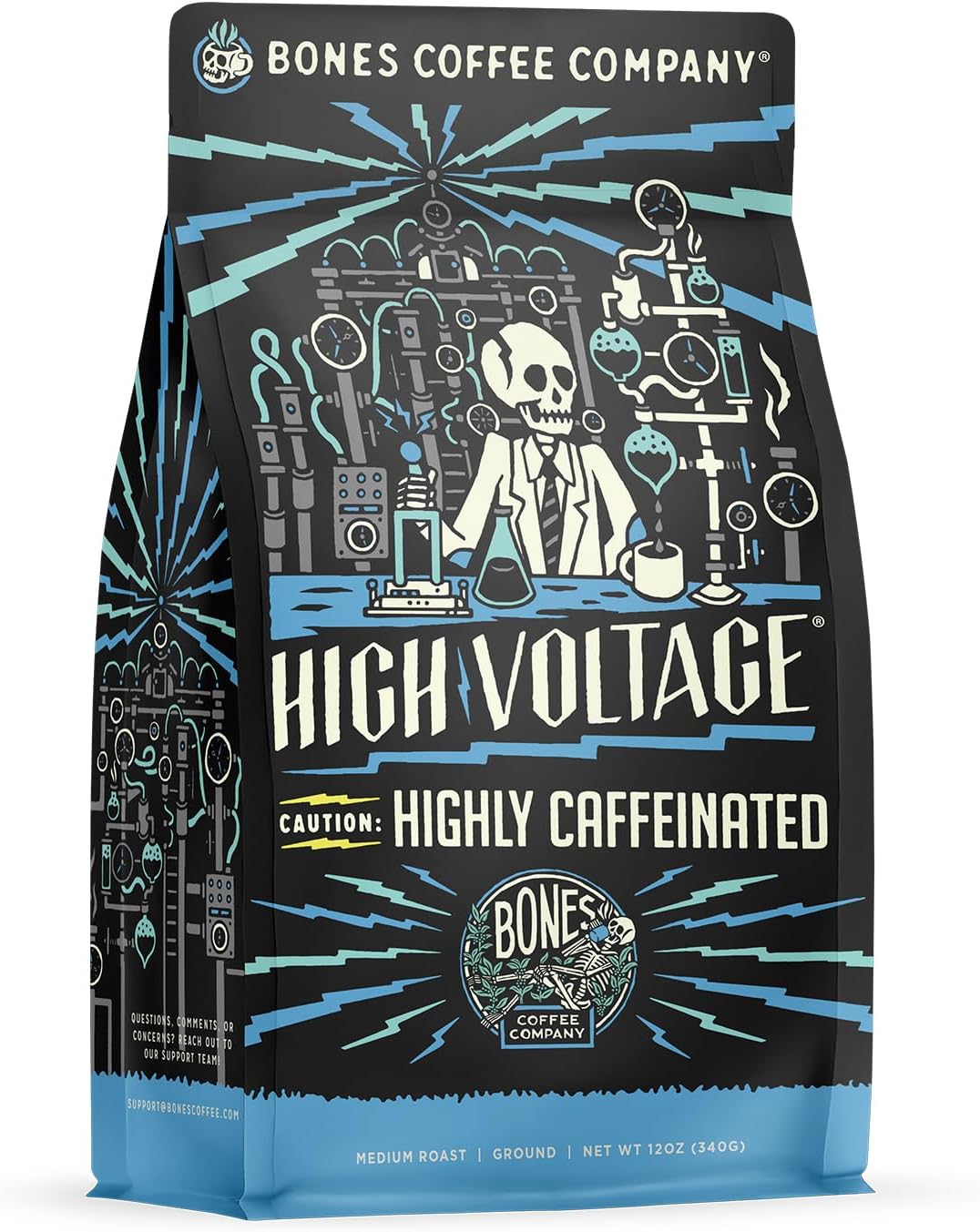 High Voltage, Highly Caffeinated Unflavored Coffee, Medium Roast Low Acid Arabica Beans Compatible with Auto drip and French Press Coffee Maker, 12 Oz Ground
