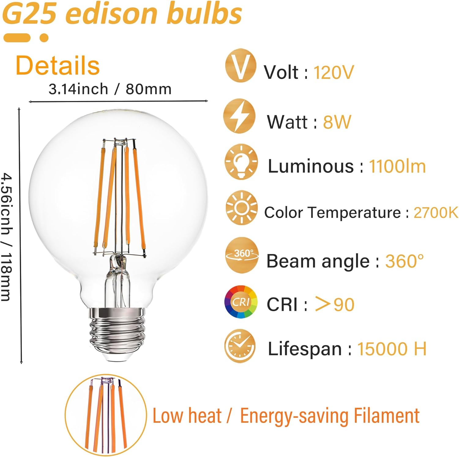 G25 globe Edison light bulbs 8W 1000LM(100W incandescent Equivalent) E26 dimmable Vintage Round LED Vanity Light Bulb for Bathroom Bedroom Living room, Warm White 2700K，6 pack (6, G25 CLEAR)