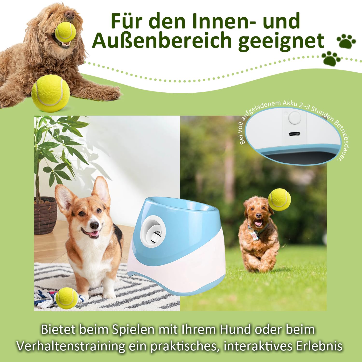 kurflo Automatischer Ballwerfer für Hunde, Automatischer Ballwurf, inkl. 3 verbesserter ETPU-Bälle, 3 Wurfweiten, Automatisches Auffangen, Ideal für Kleine, mittele Hunde Größe M (Weiß-Blau)