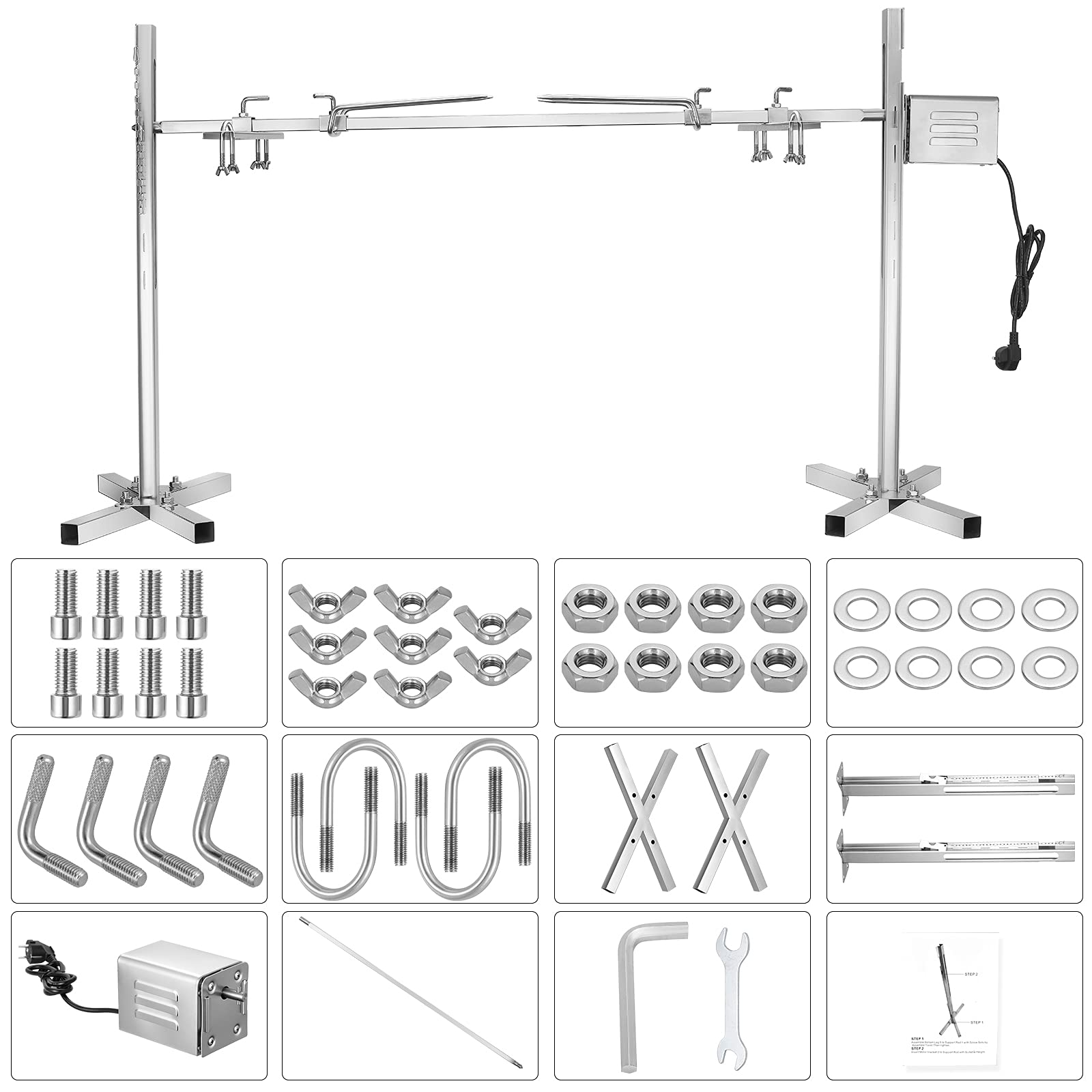 Girarrosto elettrico per barbecue, motore 15W a rotazione 360°, altezza regolabile 38-62 cm, spiedo in acciaio inox per maialino, agnello e tacchino, portatile per esterni e campeggio
