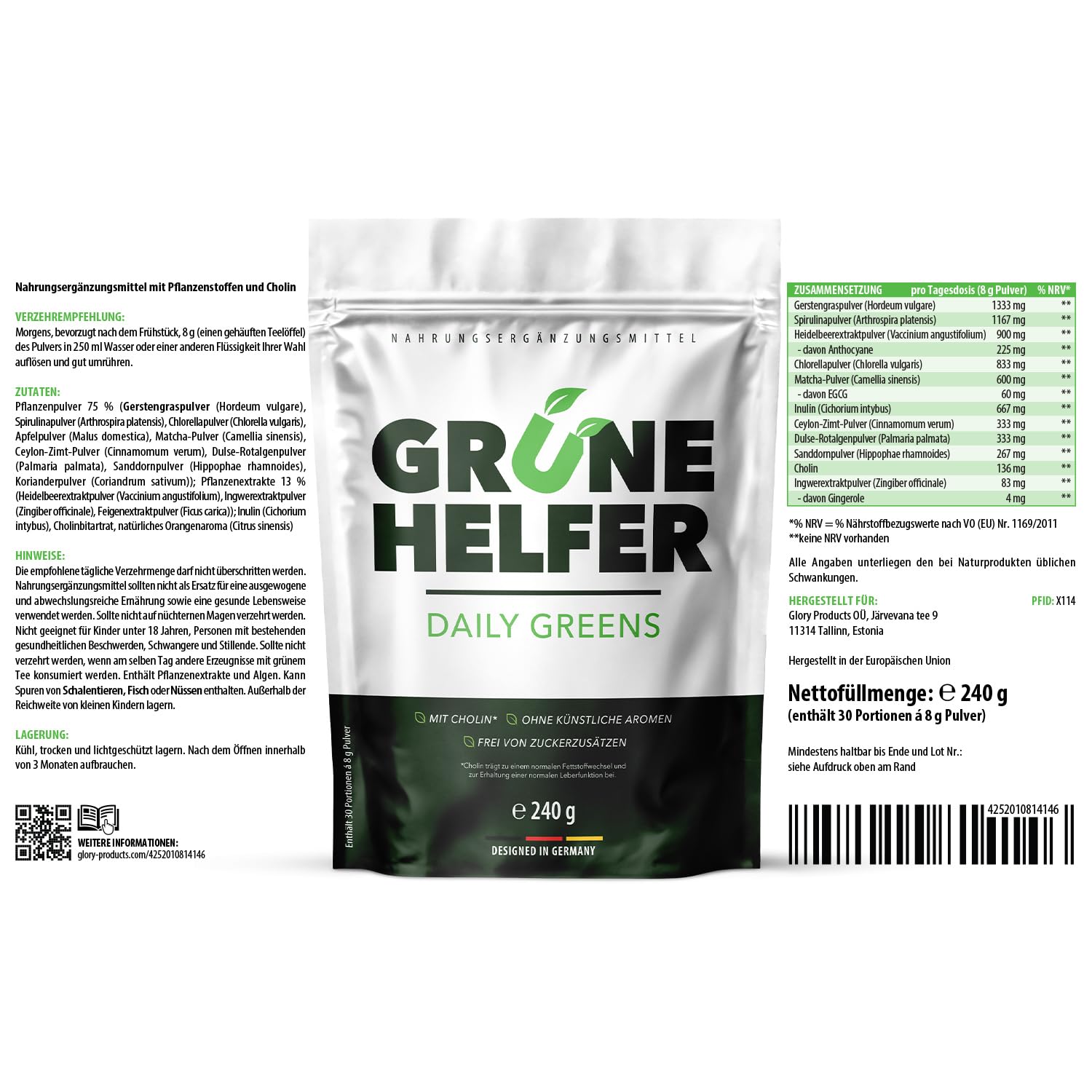 Grüne Helfer Pulver | mit Pflanzenstoffen und Cholin | natürliches Pflanzenpulver | 240 g Inhalt