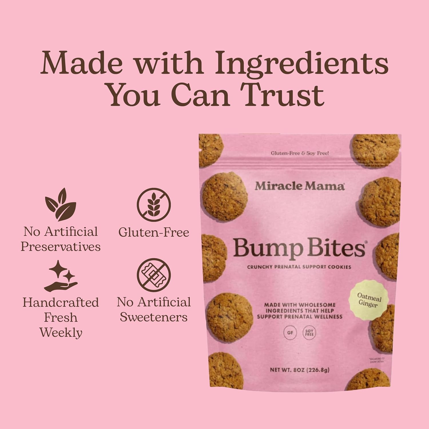 Miracle Mama Bump Bites- Oatmeal Ginger Prenatal Cookies– Eases Nausea & Morning Sickness – Oats, Chia Seeds, and Sunflower Seeds – Wholesome, Delicious, Snack for Mamas-to-Be Pack of 2, 8 oz Bags