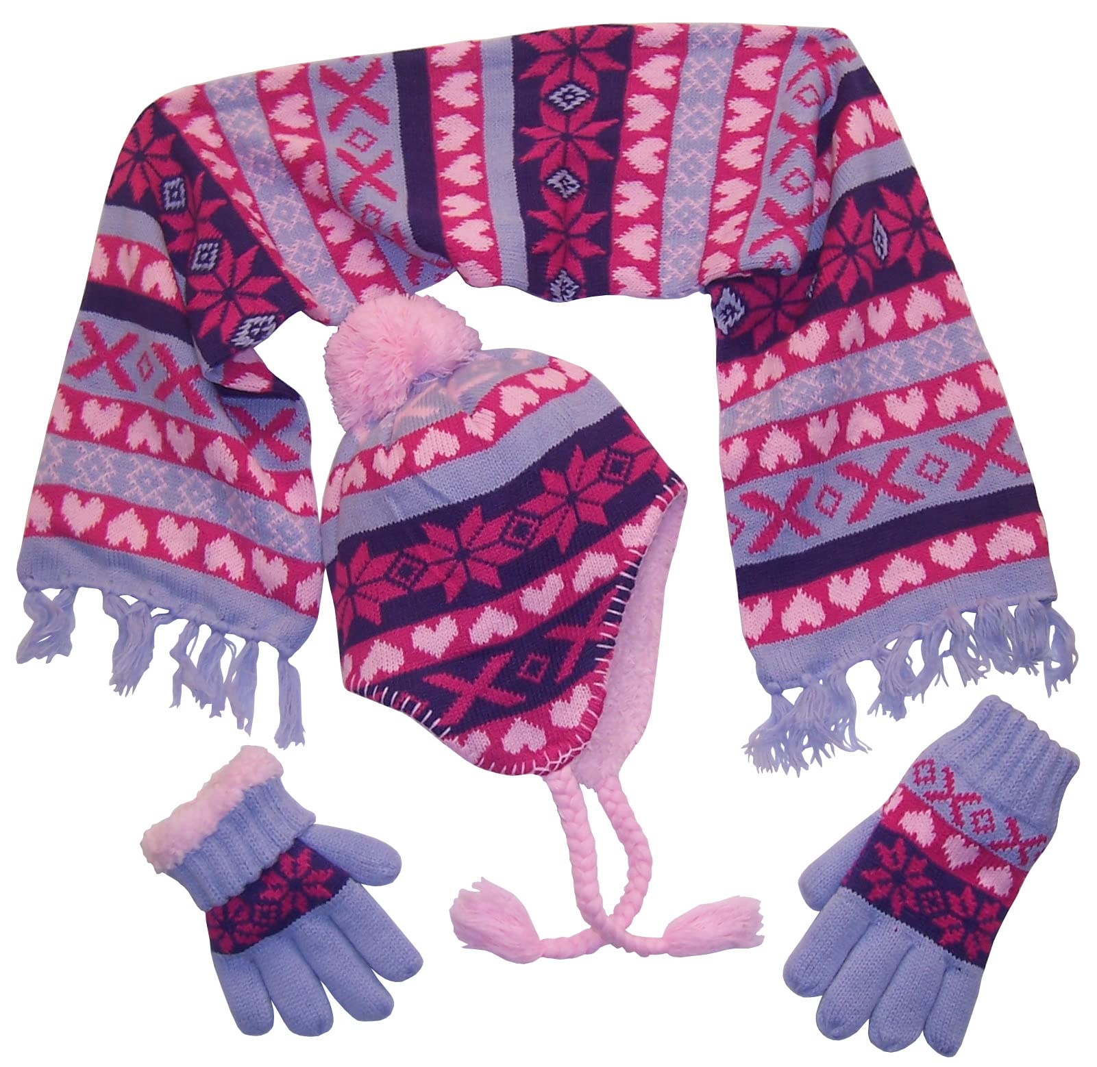 N'Ice Caps Kids Hat Glove Scarf Girls 3 Piece Winter Knit Set Sherpa Lined