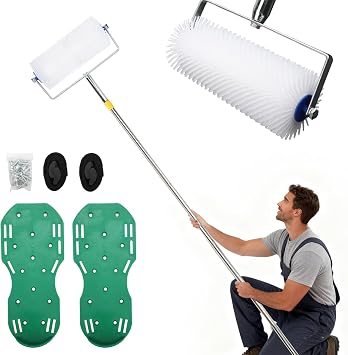157 Cm Self-Leveling Cement Tool Kit, Epoxy Floor Kit Tools with Spiked Roller, Epoxy Spiked Shoes & Gloves, Heavy-Duty Screed Spiked Roller with 30-150 Cm Adjustable Extension Pole