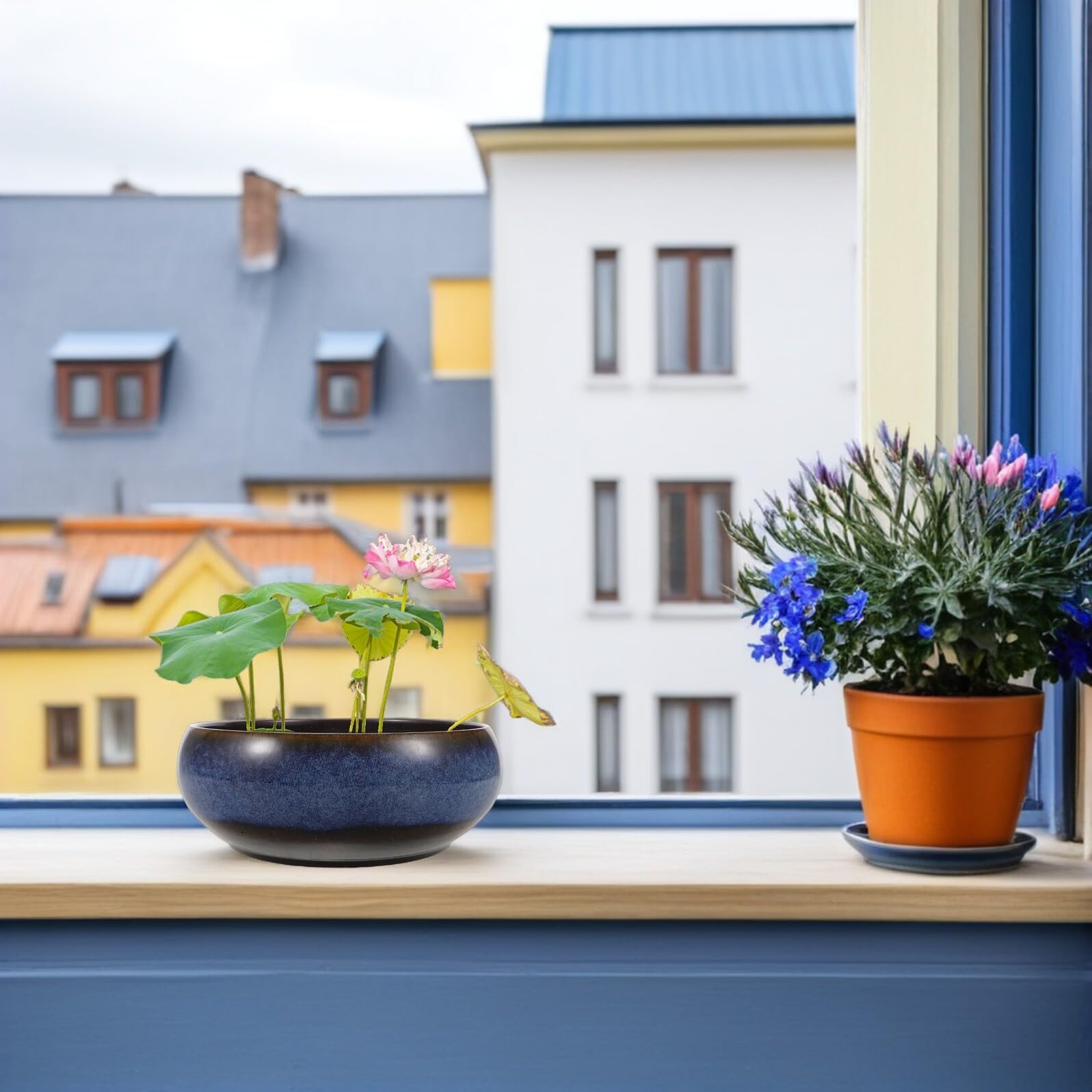Duża okrągła ceramiczna donica na rośliny z motywem lotosu w stylu retro, izolująca przed wahaniami temperatury, dla roślin wodnych w biurze lub gabinecie