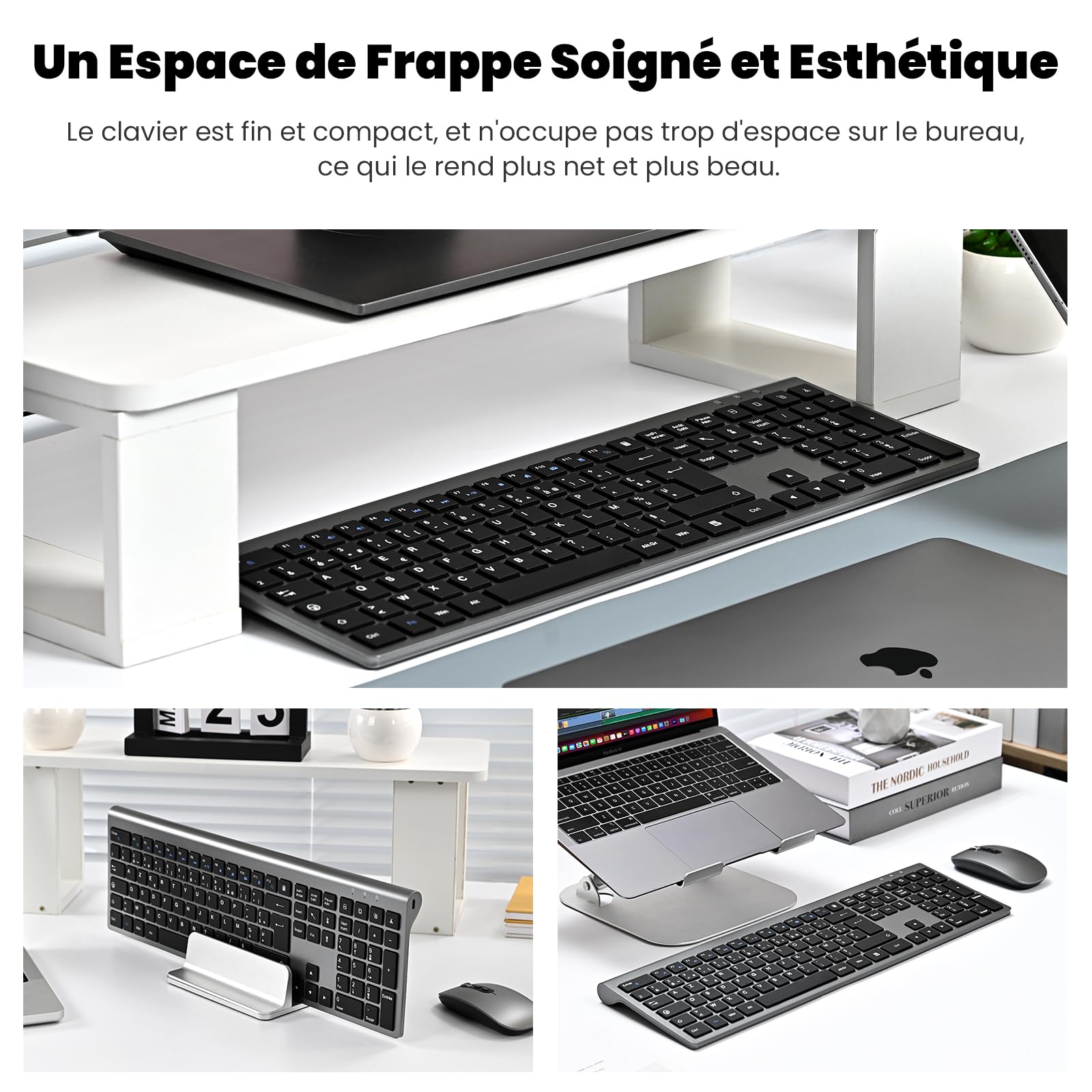 cimetech Ensemble Clavier et Souris sans Fil, Clavier Rechargeable Compacte USB C 2.4G Silent Ultra-Mince de Pleine Taille avec Pavé Numérique Souris pour PC/Laptop/Windows/Mac-Gris Noir