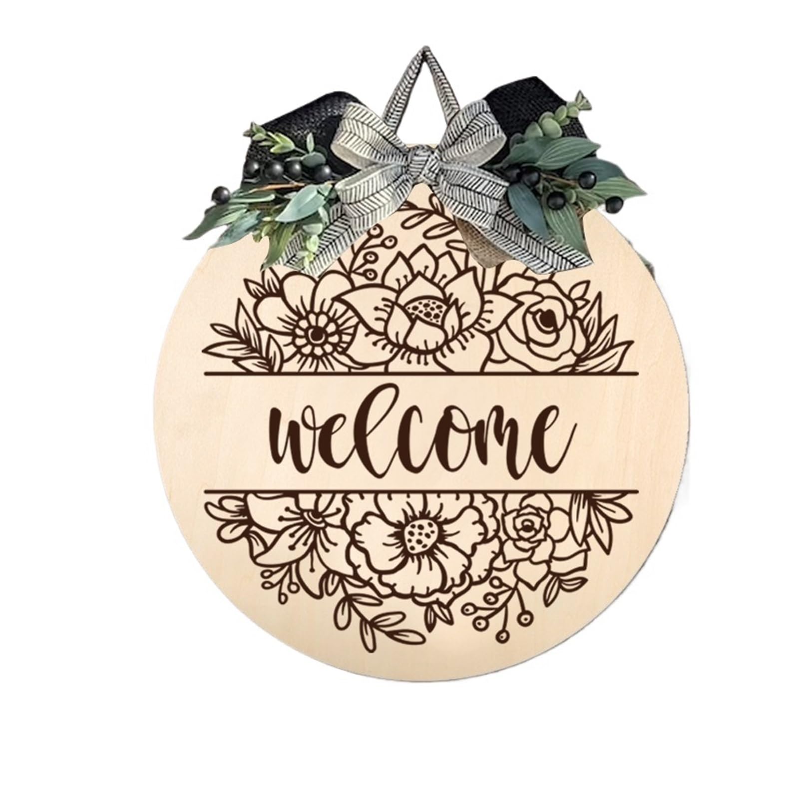 Front Door Wreath Welcome Sign Personalized Engraving Wood Round Welcome Sign,Welcome Home Sign,Farmhouse Round House Door Sign(25cm)