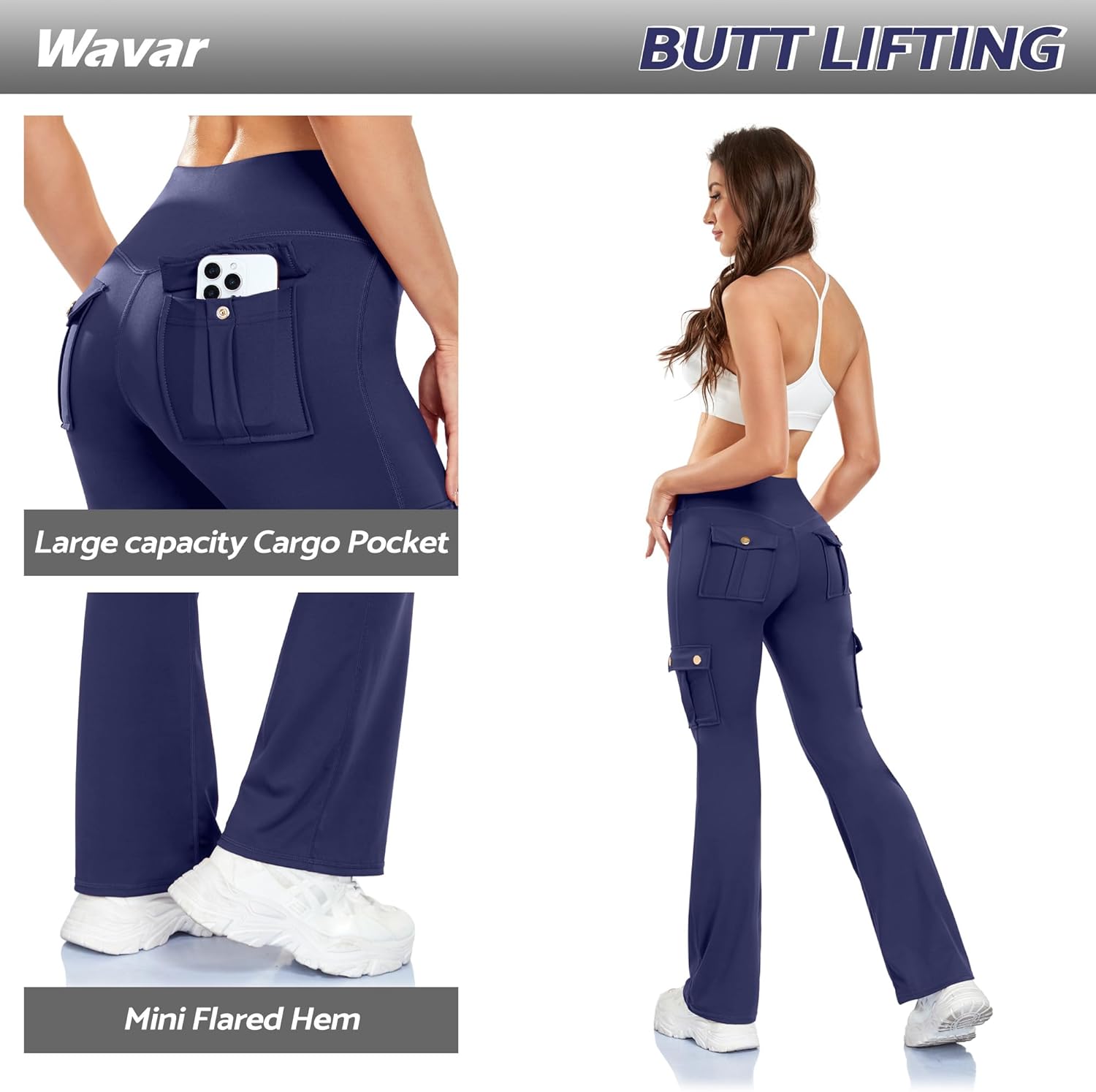 Wavar Women Flare Leggings with Pockets Butt Lifting Cargo Leggings High Waisted Gym Yoga Pants Workout Tummy Control - Image 4