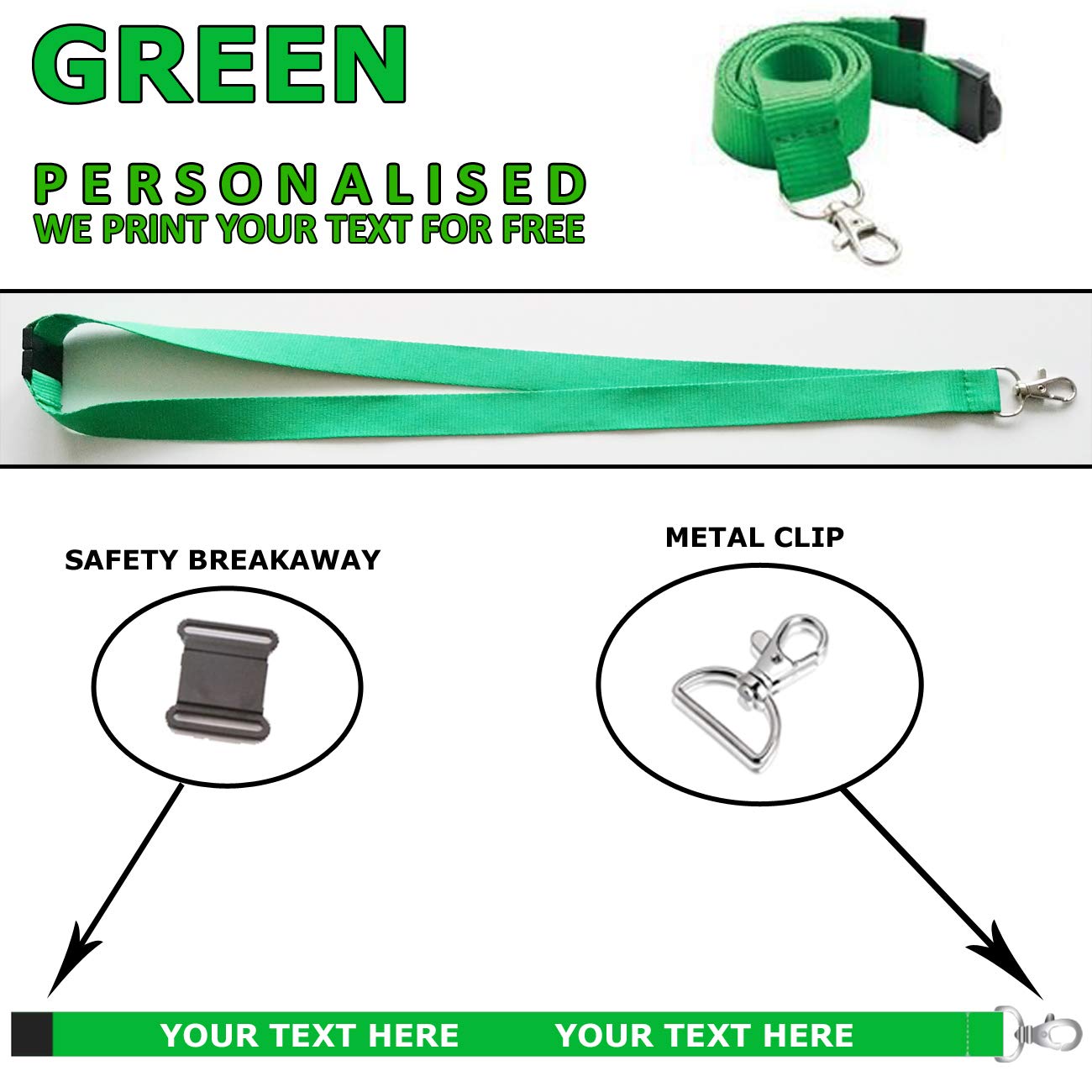 Personalised Lanyard Printed Neck Strap Custom Made with Your Text Lanyards for Holding a Name Badge, ID Card or Keys (Green)