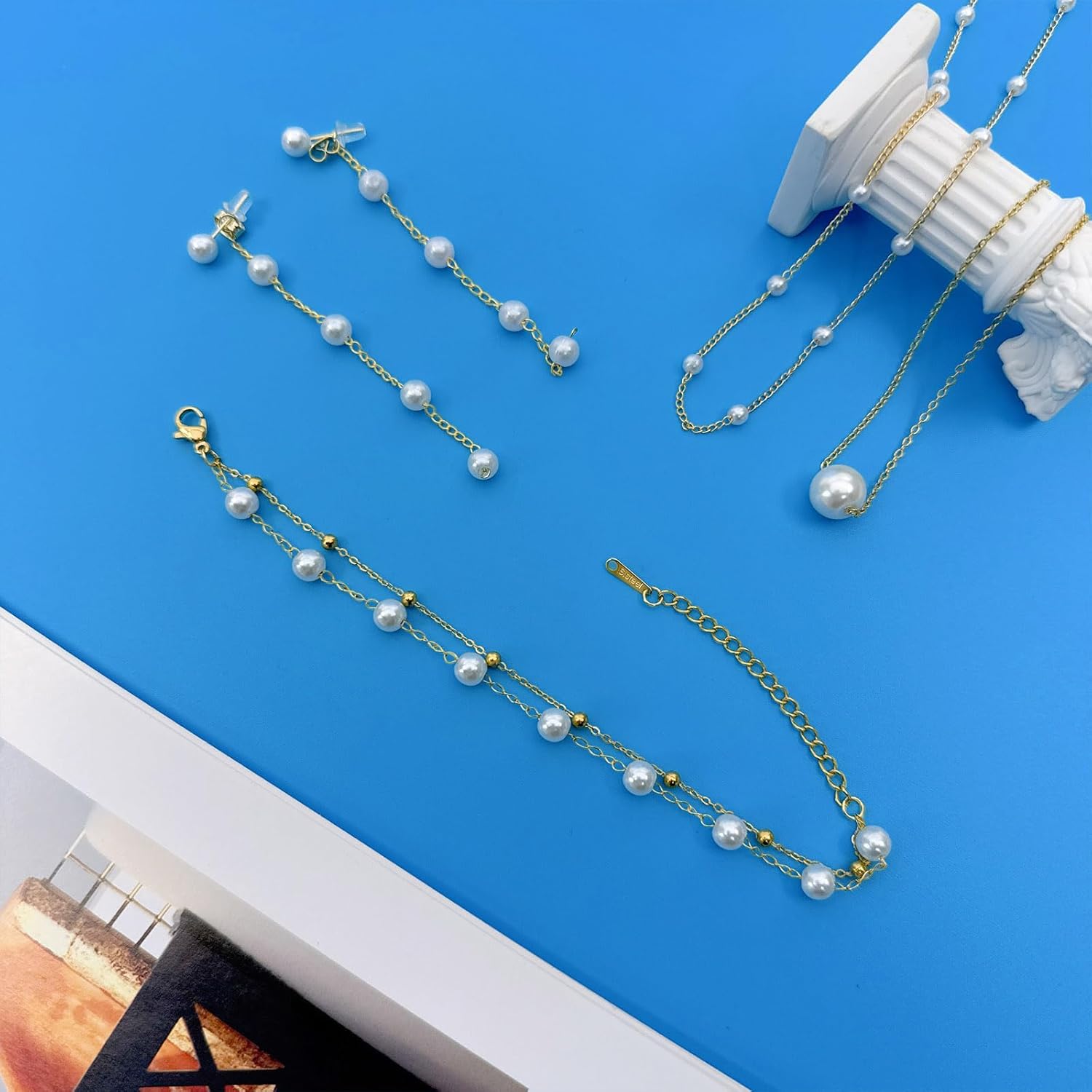 Pearl Jewelry Set for Women Dainty Gold Plated Layered Pearl Choker Necklace Drop Earrings Link Pearls Beaded Chain Bracelets Christmas Bridesmaid Gifts - Image 5