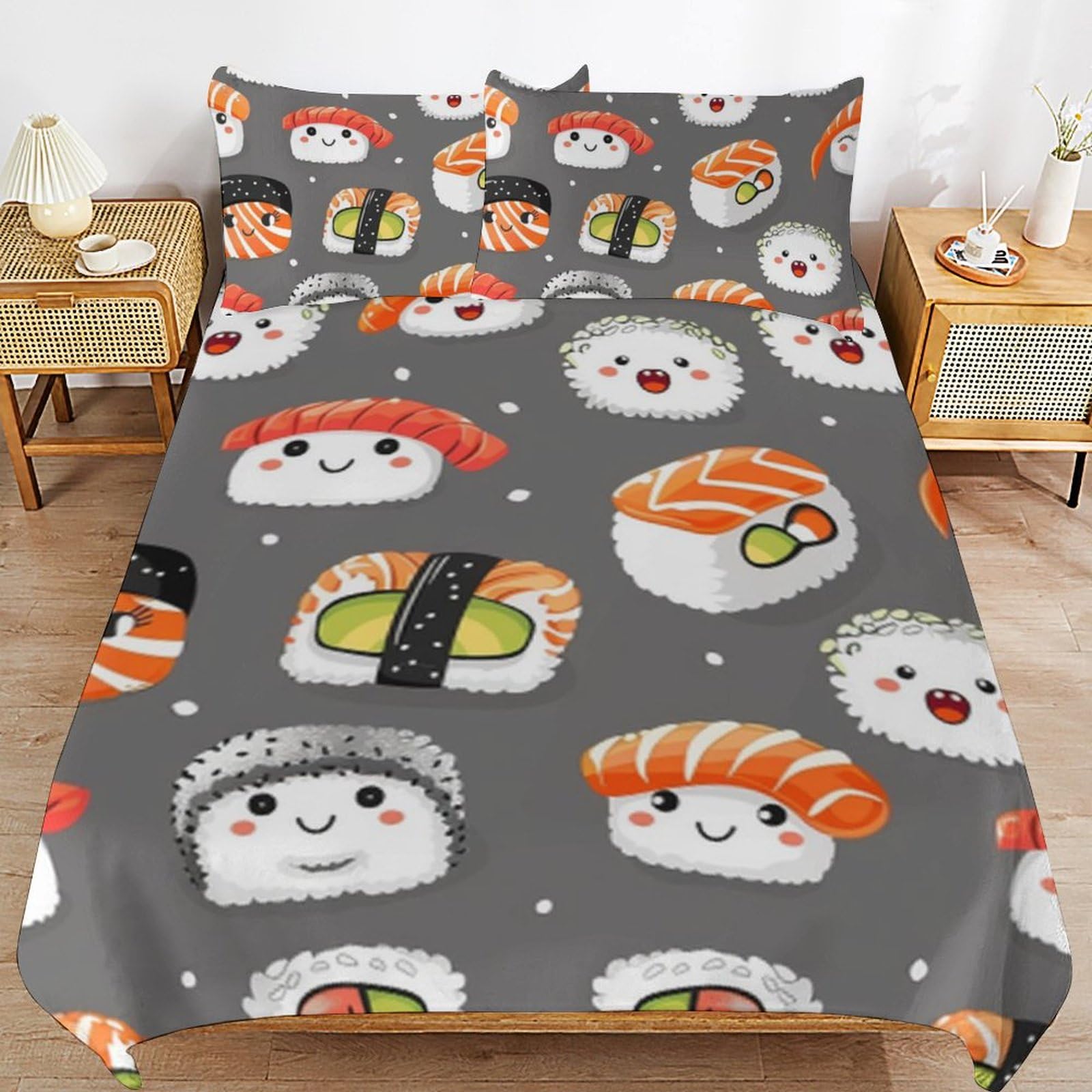 Parure de lit 3 pièces microfibre housse de couette sushi avec taies
