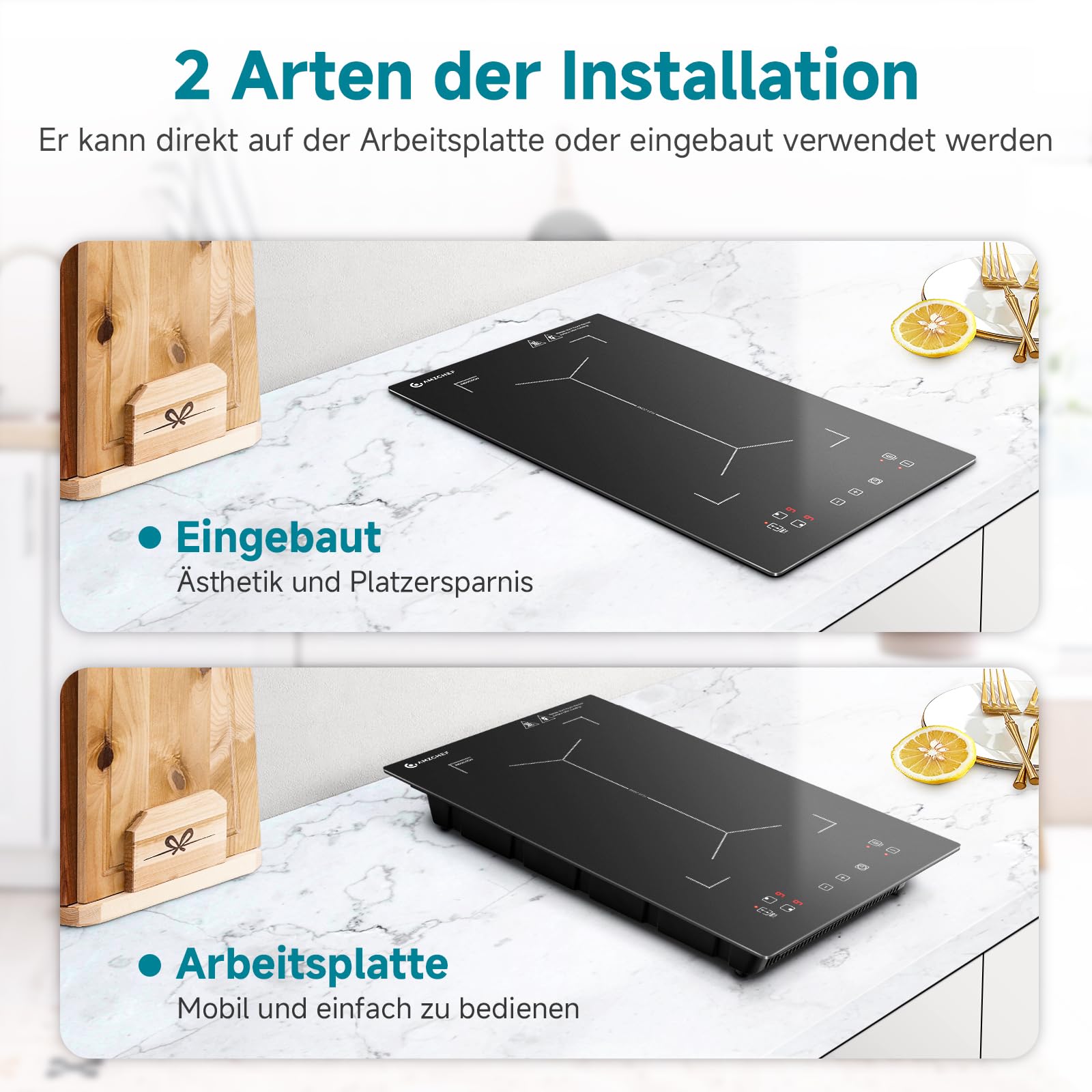 AMZCHEF Induktionskochfeld 2 Platten, Doppel Induktionskochplatte mit Flexzonen und Stecker, 10 Leistungsstufen, Sicherheitsschloss und Timer, Touch-Schieberegler,3300W,Schwarz
