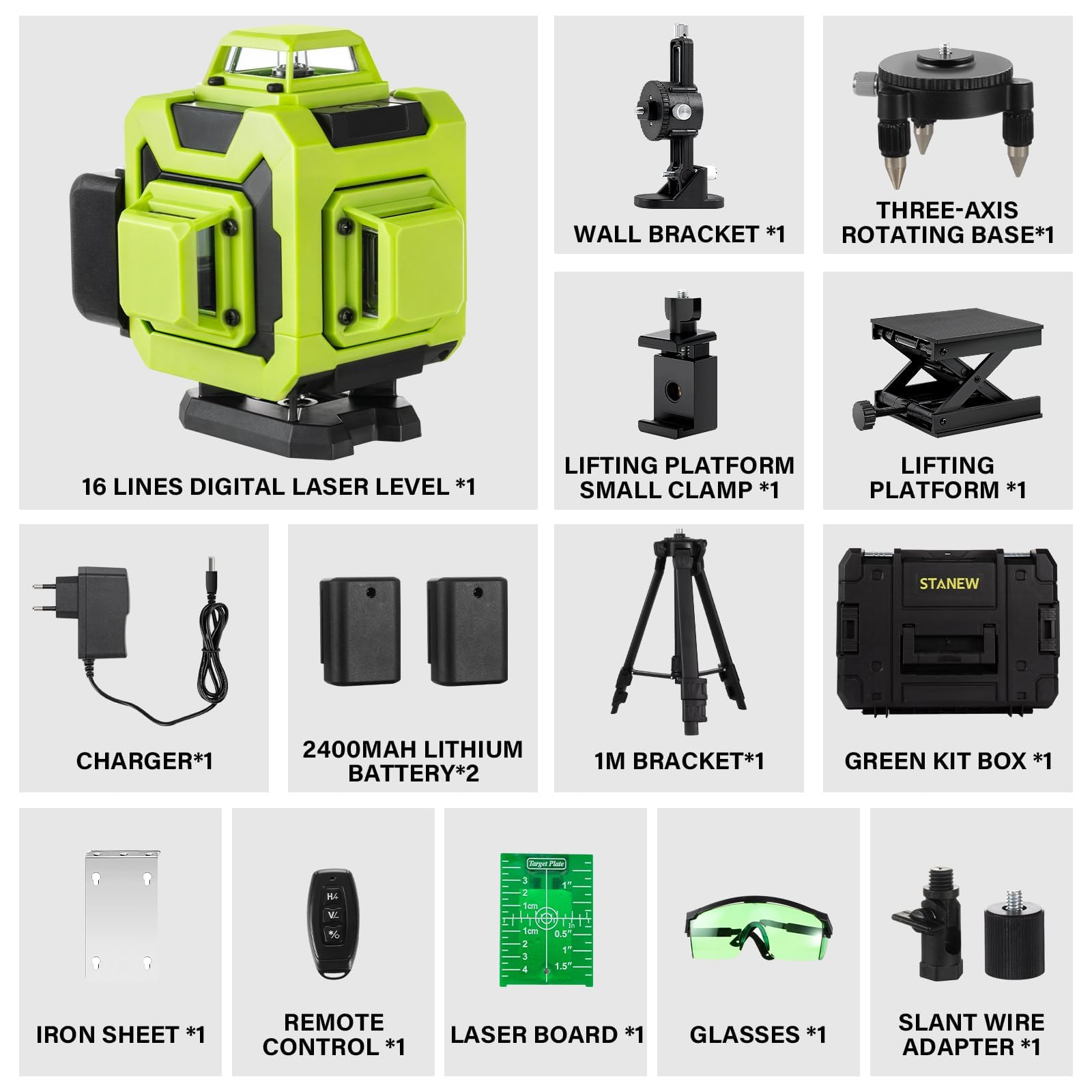STANEW Nivel Láser Autonivelante 360 Grados, Nivel Láser Verde 16 Líneas, 2 x 360 Horizontal y 2 x 360 Verticales, 2 x Batería, Montaje en Pared, Control Remoto, Base Magnética,Incluye Trípode