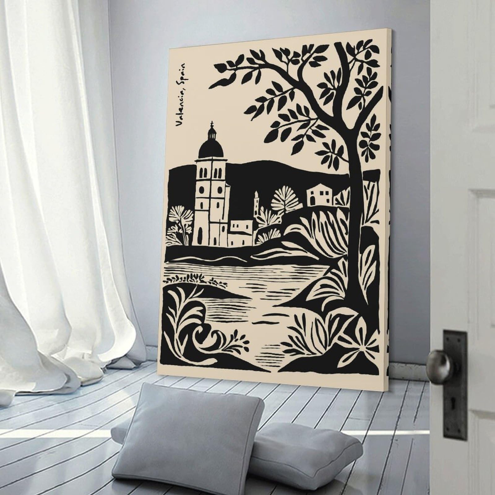 Junmoney Valencia, Spain Black And Beige Illustration Wall Art Print, 24x36inch(60x90cm), for Lounge Decor, Bedroom Walls Or Flats, Decorative Artwork for Empty Walls