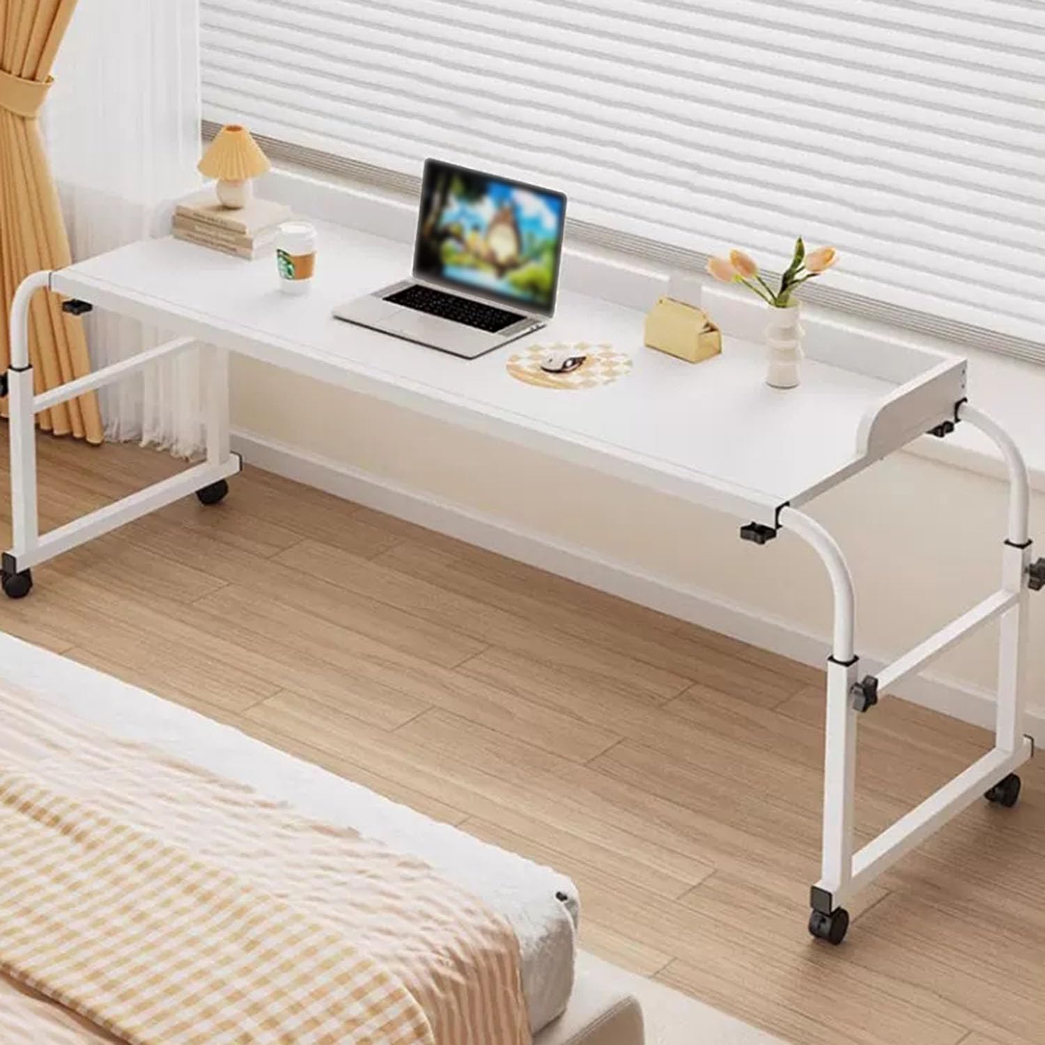 GXQFC Overbed Table with Extendable Top, Mobile Laptop Desk Adjustable Height 65-95CM & Length 115-210CM Mobile Over The Bed and Recliner Table for Work Gaming Breakfast Applying Makeup(Color:White)