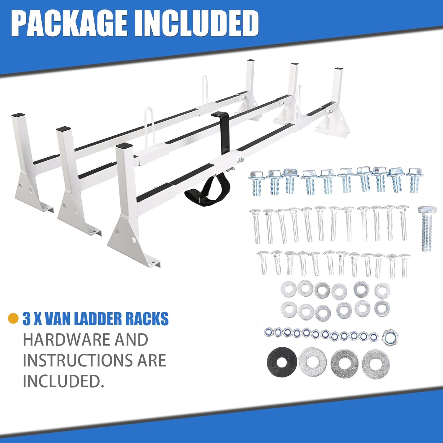 HECASA Universal Van Ladder Rack Full-Size Compatible with Chevrolet Express 1500 2500 3500 Ford E150 250 350 GMC Savana 3 Bars Roof Rack Steel White NN774